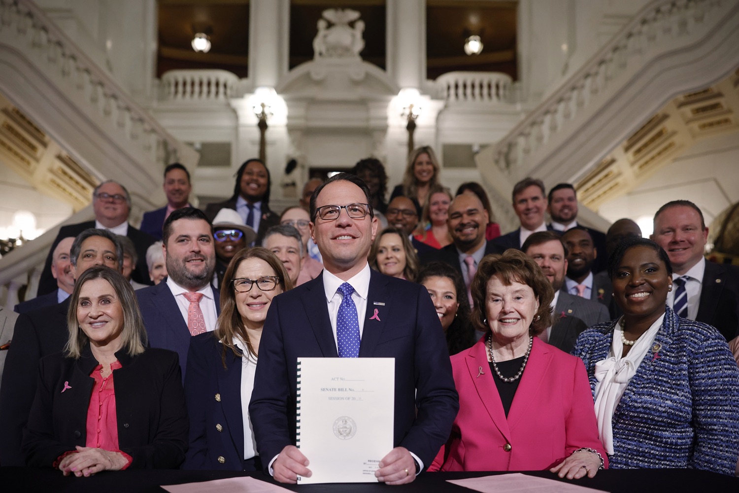 Governor Josh Shapiro signed the first bill of his Administration - Act 1 of 2023, a first-of-its-kind law in the nation that will require insurers to cover preventive breast and ovarian cancer screenings for high-risk women at no cost. MAY 01, 2023 - HARRISBURG, PA<br><a href="https://filesource.amperwave.net/commonwealthofpa/photo/23041_gov_sb8_dz_001.JPG" target="_blank">⇣ Download Photo</a>