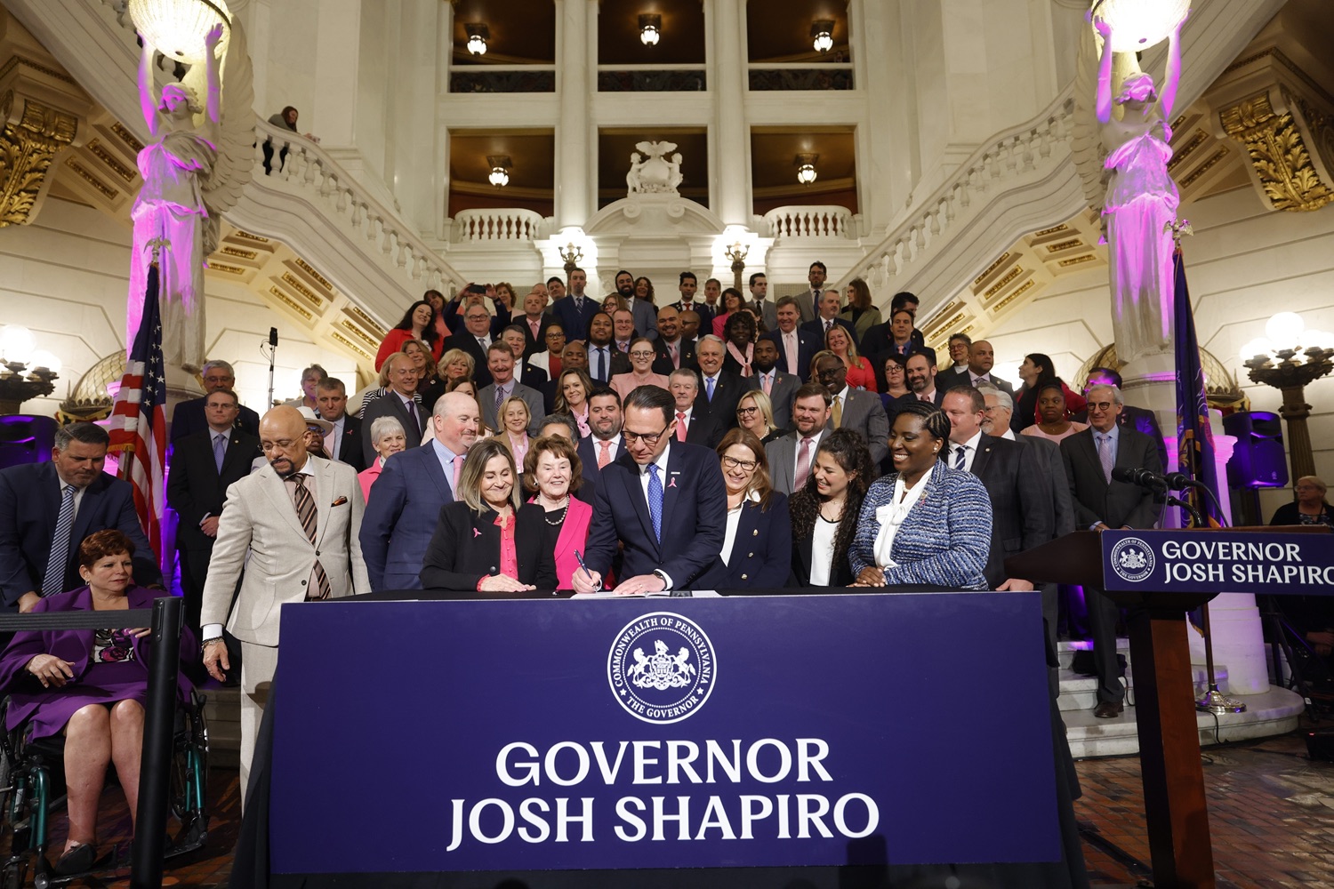 Governor Josh Shapiro signed the first bill of his Administration - Act 1 of 2023, a first-of-its-kind law in the nation that will require insurers to cover preventive breast and ovarian cancer screenings for high-risk women at no cost. MAY 01, 2023 - HARRISBURG, PA<br><a href="https://filesource.amperwave.net/commonwealthofpa/photo/23041_gov_sb8_dz_002.JPG" target="_blank">⇣ Download Photo</a>