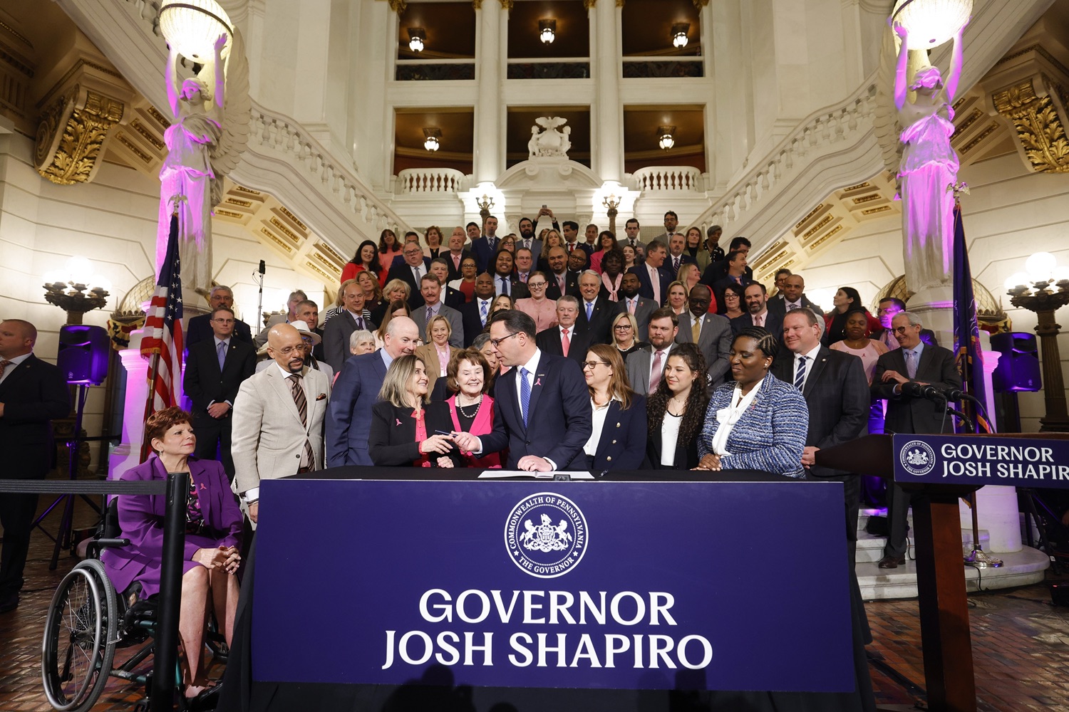 Governor Josh Shapiro signed the first bill of his Administration - Act 1 of 2023, a first-of-its-kind law in the nation that will require insurers to cover preventive breast and ovarian cancer screenings for high-risk women at no cost. MAY 01, 2023 - HARRISBURG, PA<br><a href="https://filesource.amperwave.net/commonwealthofpa/photo/23041_gov_sb8_dz_011.JPG" target="_blank">⇣ Download Photo</a>