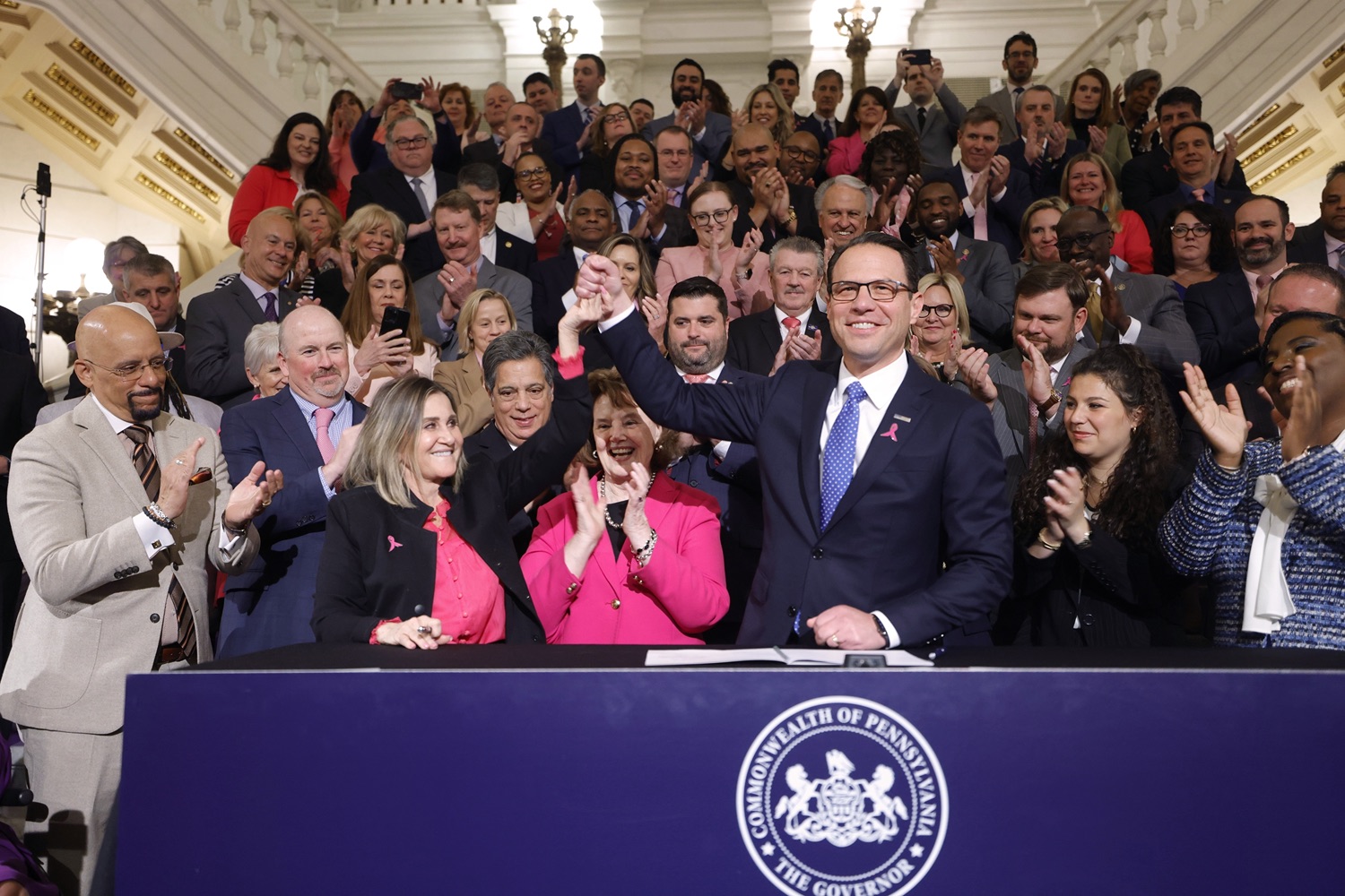 Governor Josh Shapiro signed the first bill of his Administration - Act 1 of 2023, a first-of-its-kind law in the nation that will require insurers to cover preventive breast and ovarian cancer screenings for high-risk women at no cost. MAY 01, 2023 - HARRISBURG, PA<br><a href="https://filesource.amperwave.net/commonwealthofpa/photo/23041_gov_sb8_dz_014.JPG" target="_blank">⇣ Download Photo</a>