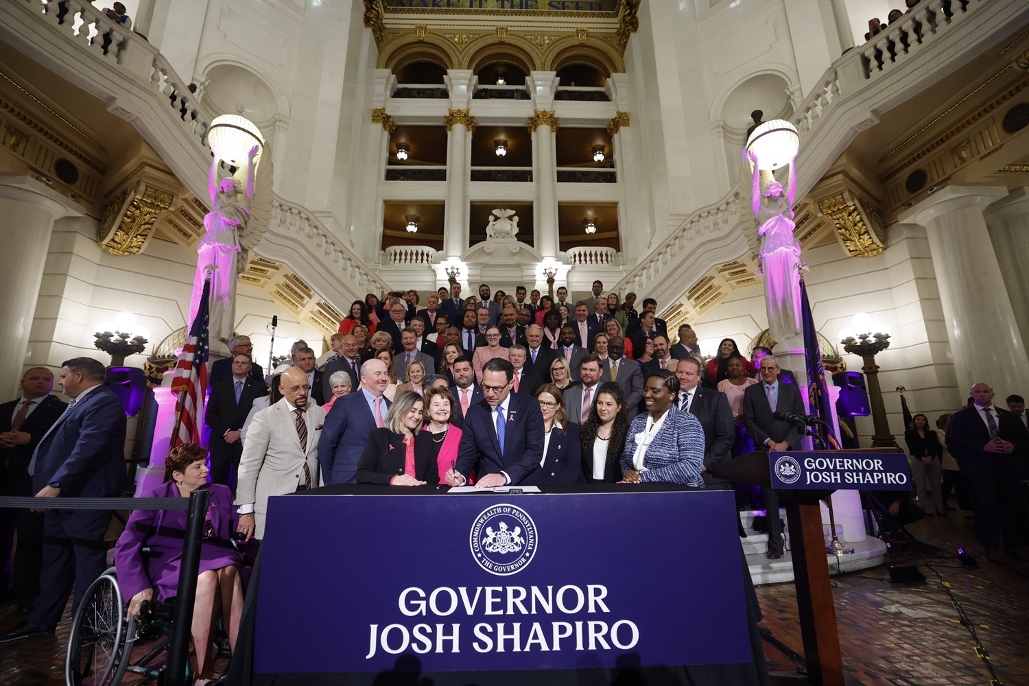 Governor Josh Shapiro signed the first bill of his Administration - Act 1 of 2023, a first-of-its-kind law in the nation that will require insurers to cover preventive breast and ovarian cancer screenings for high-risk women at no cost. MAY 01, 2023 - HARRISBURG, PA<br><a href="https://filesource.amperwave.net/commonwealthofpa/photo/23041_gov_sb8_dz_017.JPG" target="_blank">⇣ Download Photo</a>