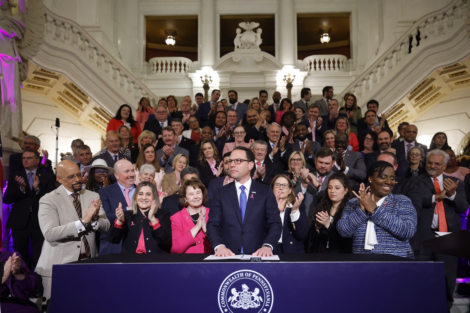 Governor Josh Shapiro signed the first bill of his Administration - Act 1 of 2023, a first-of-its-kind law in the nation that will require insurers to cover preventive breast and ovarian cancer screenings for high-risk women at no cost. MAY 01, 2023 - HARRISBURG, PA<br><a href="https://filesource.amperwave.net/commonwealthofpa/photo/23041_gov_sb8_dz_018.JPG" target="_blank">⇣ Download Photo</a>