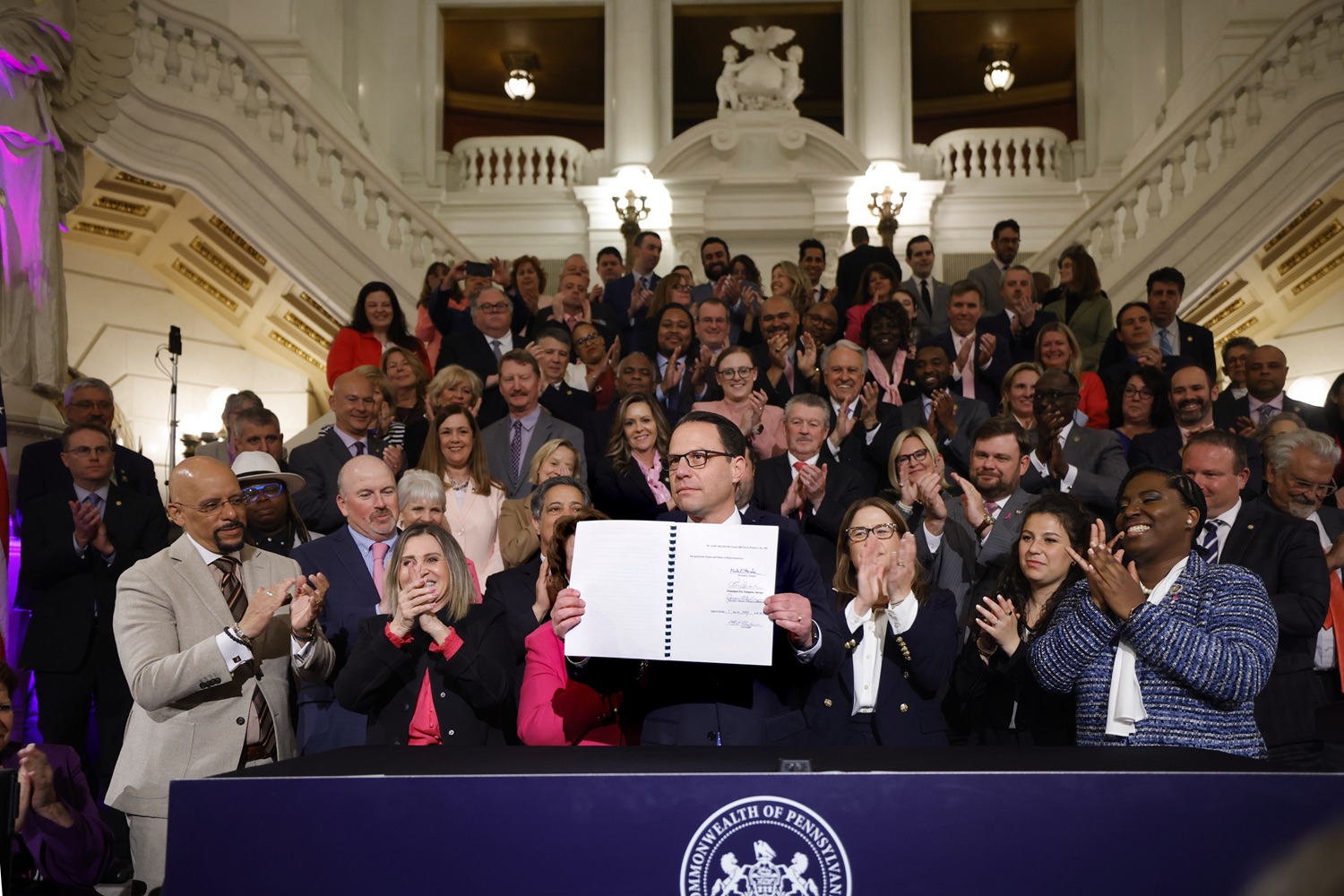 Governor Josh Shapiro signed the first bill of his Administration - Act 1 of 2023, a first-of-its-kind law in the nation that will require insurers to cover preventive breast and ovarian cancer screenings for high-risk women at no cost. MAY 01, 2023 - HARRISBURG, PA<br><a href="https://filesource.amperwave.net/commonwealthofpa/photo/23041_gov_sb8_dz_022.JPG" target="_blank">⇣ Download Photo</a>