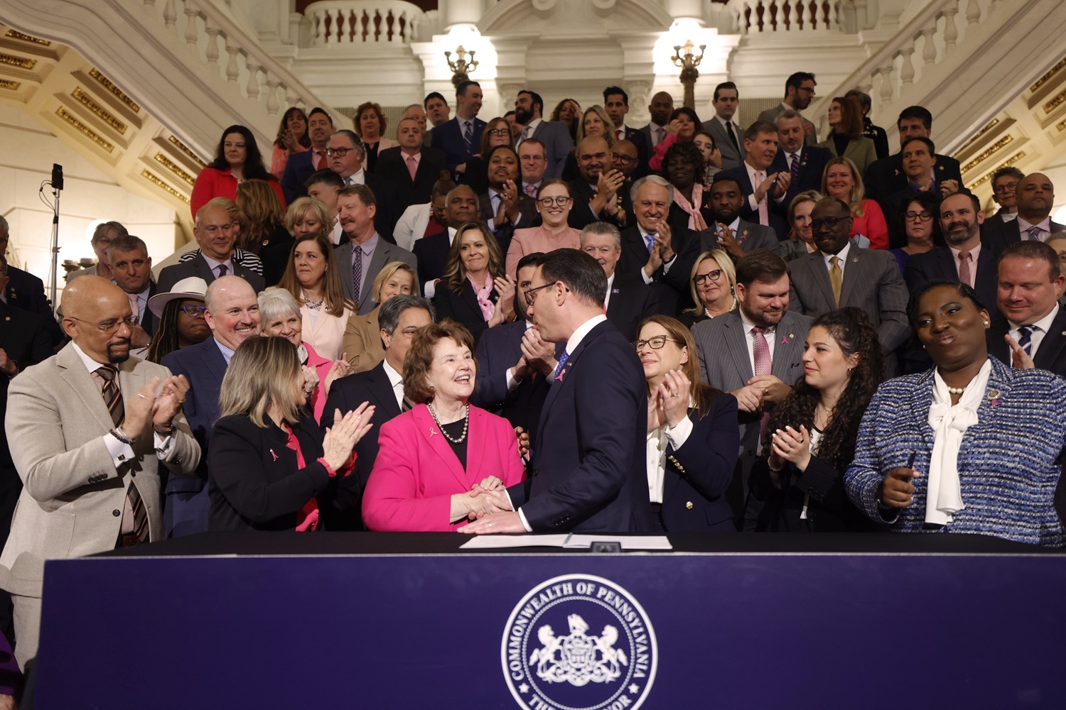 Governor Josh Shapiro signed the first bill of his Administration - Act 1 of 2023, a first-of-its-kind law in the nation that will require insurers to cover preventive breast and ovarian cancer screenings for high-risk women at no cost. MAY 01, 2023 - HARRISBURG, PA<br><a href="https://filesource.amperwave.net/commonwealthofpa/photo/23041_gov_sb8_dz_023.JPG" target="_blank">⇣ Download Photo</a>