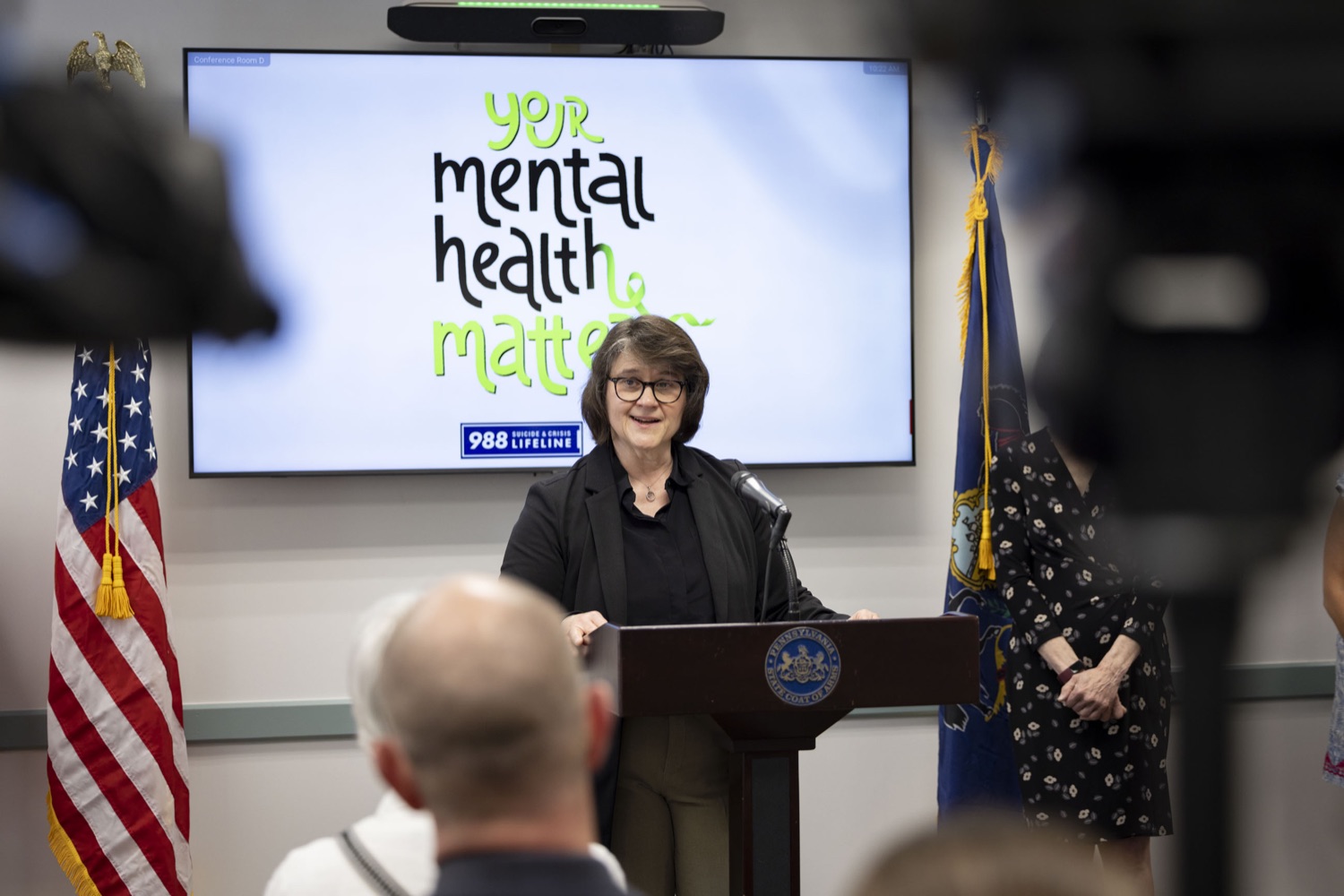 Annie Strite, Cumberland County Mental Health Administrator, honors Cumberland-Perry mental health services employee Megan Johnston, in Carlisle, PA on May 24, 2023.<br><a href="https://filesource.amperwave.net/commonwealthofpa/photo/23090_dhs_mentalHealth_12.jpg" target="_blank">⇣ Download Photo</a>