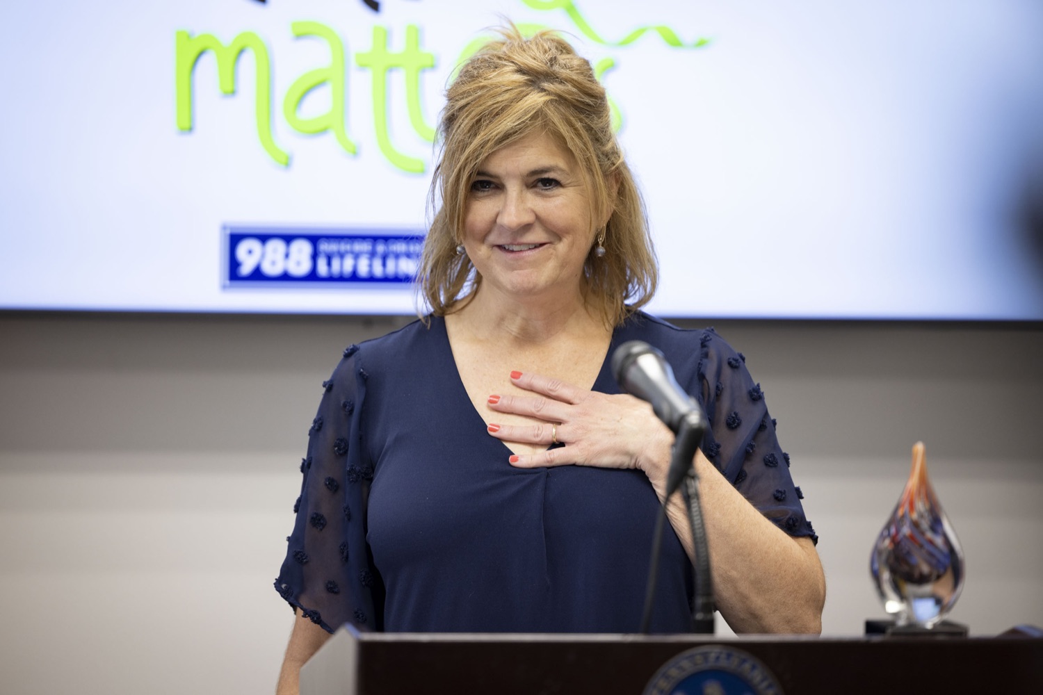 Beth-Ann McConnell honors Cumberland-Perry mental health services employee Megan Johnston, in Carlisle, PA on May 24, 2023.<br><a href="https://filesource.amperwave.net/commonwealthofpa/photo/23090_dhs_mentalHealth_19.jpg" target="_blank">⇣ Download Photo</a>