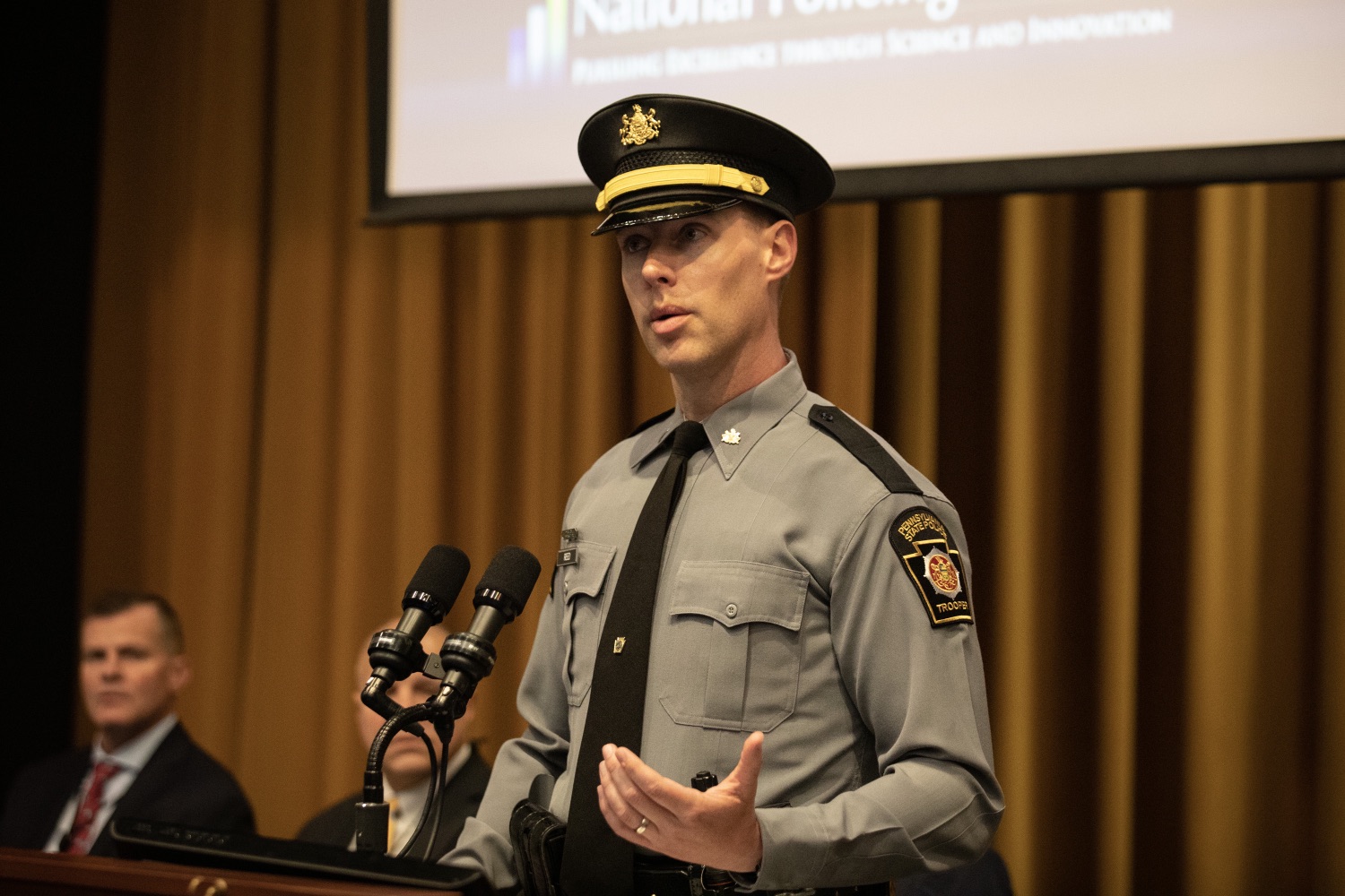 The Pennsylvania State Police joined Dr. Robin Engel of the National Policing Institute to present the 2022 findings of an independent study aimed at improving public safety, transparency, and policy by analyzing data from all traffic stops initiated by troopers. Pictured here is Lieutenant Adam Reed, delivering remarks at the joint press conference in Hershey, Pennsylvania. May 23, 2023.<br><a href="https://filesource.amperwave.net/commonwealthofpa/photo/23152_psp_contactData_JP_06.jpg" target="_blank">⇣ Download Photo</a>