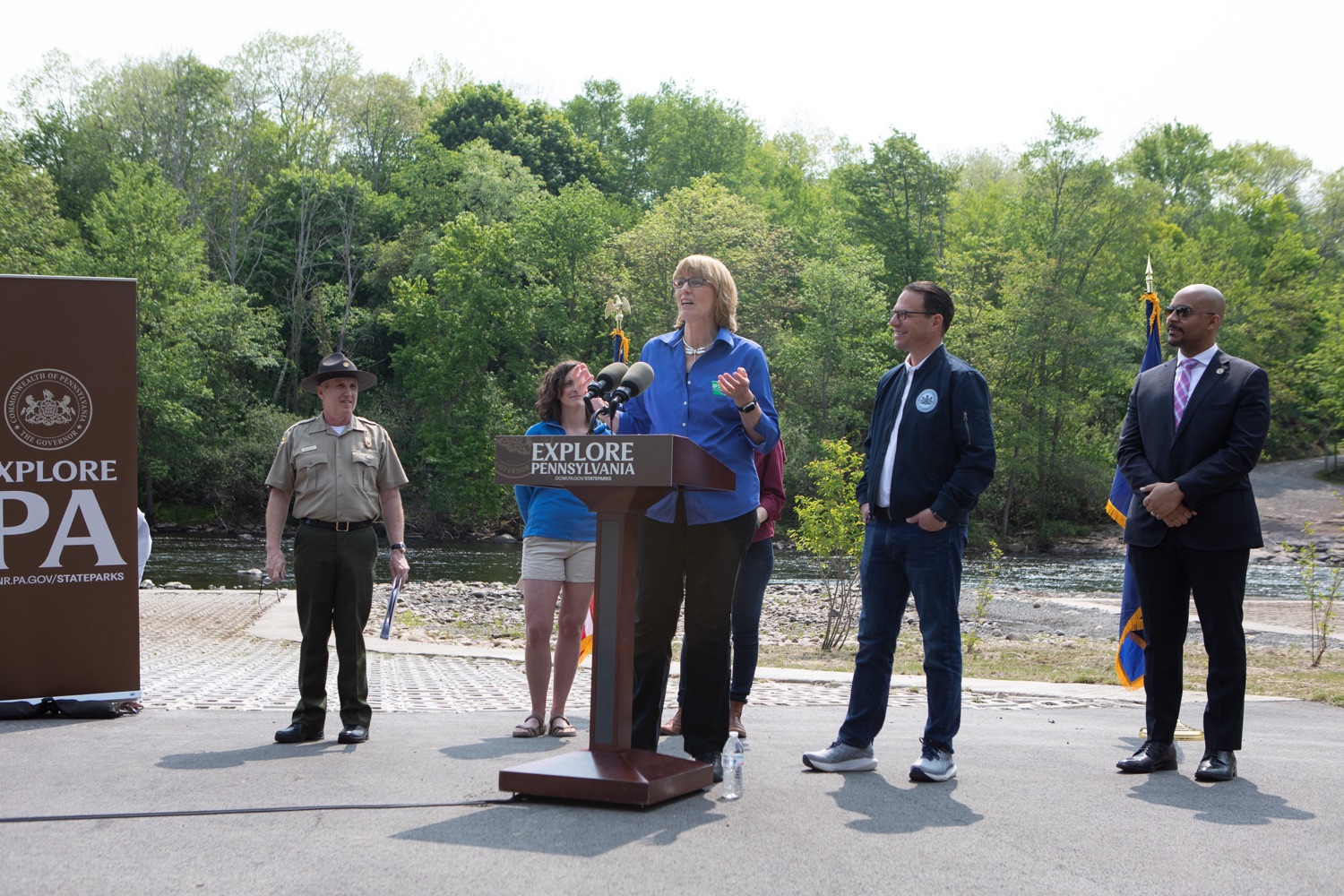 Cindy Adams, Secretary of DCNR, joined Governor Josh Shapiro in visiting Lehigh Gorge State Park in Luzerne County to open a new park access point and highlight his budget's proposed investments in state parks, forests, and trails to make them safe and accessible for every Pennsylvanian.. .In March, the Governor unveiled his commonsense budget proposal filled with solutions to the most pressing issues Pennsylvanians face  including investments to make Pennsylvania communities safer and healthier, grow the economy, safeguard the environment, and support local businesses. . ."It's moments like these where we're celebrating wonderful infrastructure like this that have been a bit too rare over the last three decades," said Secretary of the Pennsylvania Department of Conservation and Natural Resources Cindy Dunn. "The public lands and parks of Pennsylvania need to make people feel safe and welcome. Governor Shapiro understands and grasps the advantage that we have in Pennsylvania with these wonderful natural assets and how to bring them to bear to even serve the public of Pennsylvania." .<br><a href="https://filesource.amperwave.net/commonwealthofpa/photo/23155_GOV_LehighGorge_ERD_033.jpg" target="_blank">⇣ Download Photo</a>