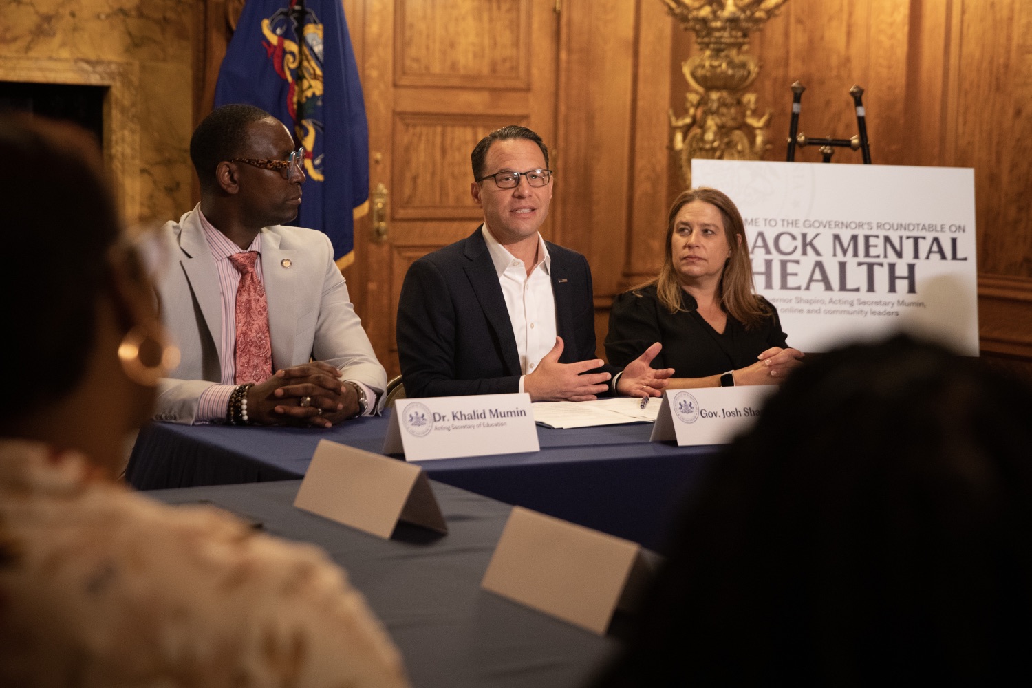 Governor Shapiro leads a roundtable discussion on Black mental health with content creators, community leaders, and clinicians to discuss how his budget invests in mental health services for Black communities across the Commonwealth. He is joined by Acting Secretary of Education Dr. Khalid Mumin and First Lady Shapiro. Attendees include: LaToi Storr, Jasiri X, Jasmine Green, Farida Boyer, Stephen Sharp, Julius Boatwright, Johnnie Geathers, Dr. Channing L. Moreland, and Jessica Gurley. Pictured here is Governor Shapiro, delivering remarks during the roundtable discussion.<br><a href="https://filesource.amperwave.net/commonwealthofpa/photo/23156_Gov_Black_Mental_Health_JP_11.jpg" target="_blank">⇣ Download Photo</a>