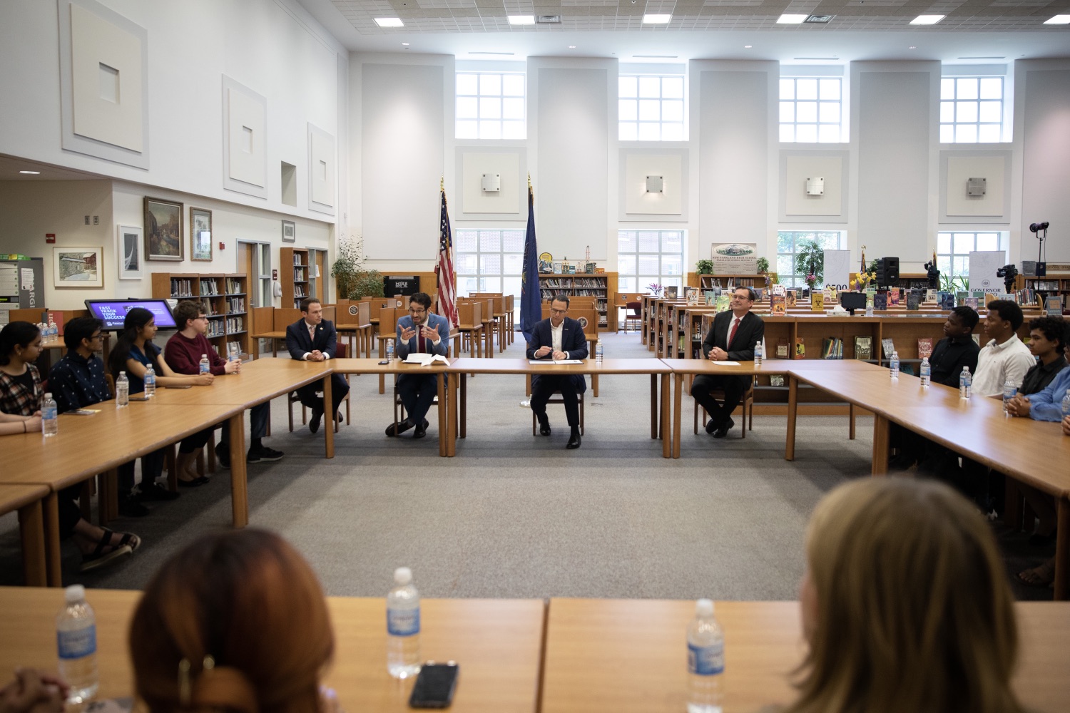 Governor Josh Shapiro visits Parkland High School in Allentown to meet with students and hear about their experiences with mental health and to highlight his proposed budget investments in mental health resources for schools and counties. This proposal includes $500 million over the next five years to increase mental health support in schools and up to $60 million annually by 2027-28 to restore county mental health funding. Pictured here is a moment from the roundtable discussion. Allentown, Pennsylvania. May 25, 2023.<br><a href="https://filesource.amperwave.net/commonwealthofpa/photo/23164_gov_mentalHealths_JP_01.jpg" target="_blank">⇣ Download Photo</a>
