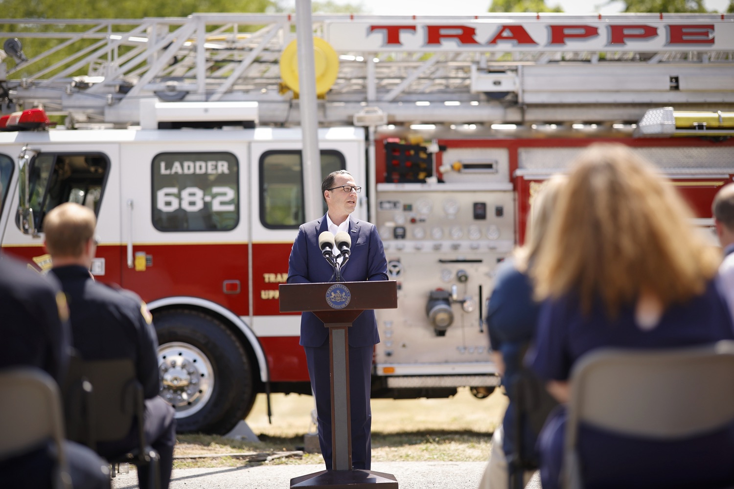 Pennsylvania Governor Josh Shapiro speaks with the press.   Governor Josh Shapiro delivered remarks at the Trappe Fire Company's new station groundbreaking in Montgomery County. The new fire station will be the first built in Trappe since 1911 to help the volunteer company continue to serve Trappe and Upper Providence townships with a new facility and updated resources. The new fire station is being built in honor of fallen Trooper Brandon Sisca, who was Fire Chief at Trappe Fire Company at the time of his passing. JUNE 04, 2023 - TRAPPE, PA<br><a href="https://filesource.amperwave.net/commonwealthofpa/photo/23197_gov_trappeFire_dz_001.JPG" target="_blank">⇣ Download Photo</a>