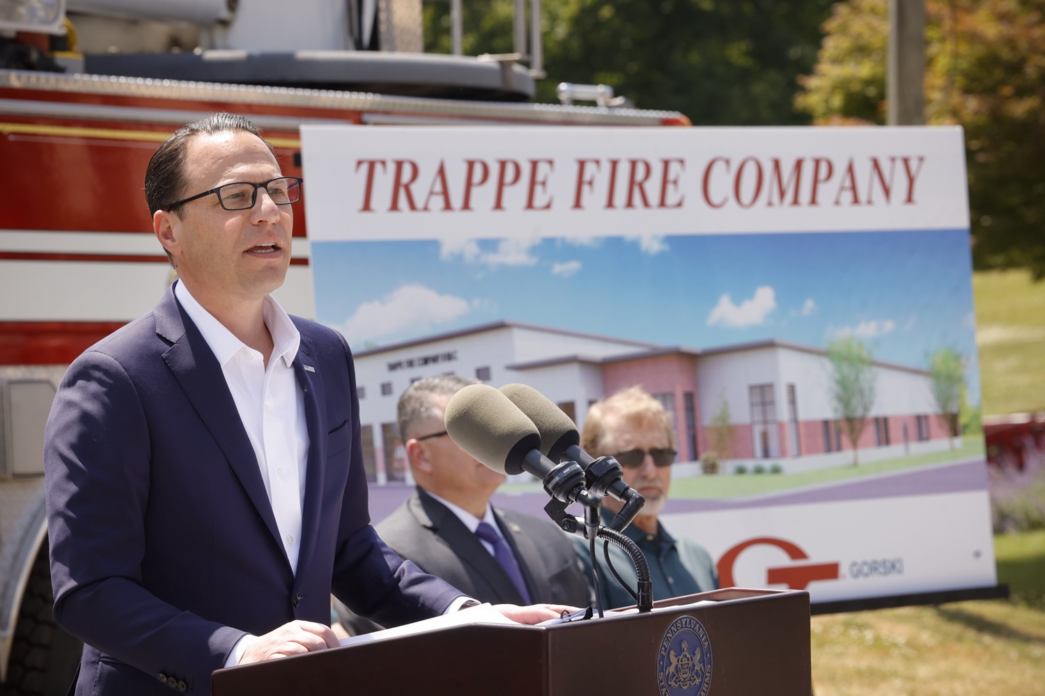 Pennsylvania Governor Josh Shapiro speaks with the press.   Governor Josh Shapiro delivered remarks at the Trappe Fire Company's new station groundbreaking in Montgomery County. The new fire station will be the first built in Trappe since 1911 to help the volunteer company continue to serve Trappe and Upper Providence townships with a new facility and updated resources. The new fire station is being built in honor of fallen Trooper Brandon Sisca, who was Fire Chief at Trappe Fire Company at the time of his passing. JUNE 04, 2023 - TRAPPE, PA<br><a href="https://filesource.amperwave.net/commonwealthofpa/photo/23197_gov_trappeFire_dz_010.JPG" target="_blank">⇣ Download Photo</a>