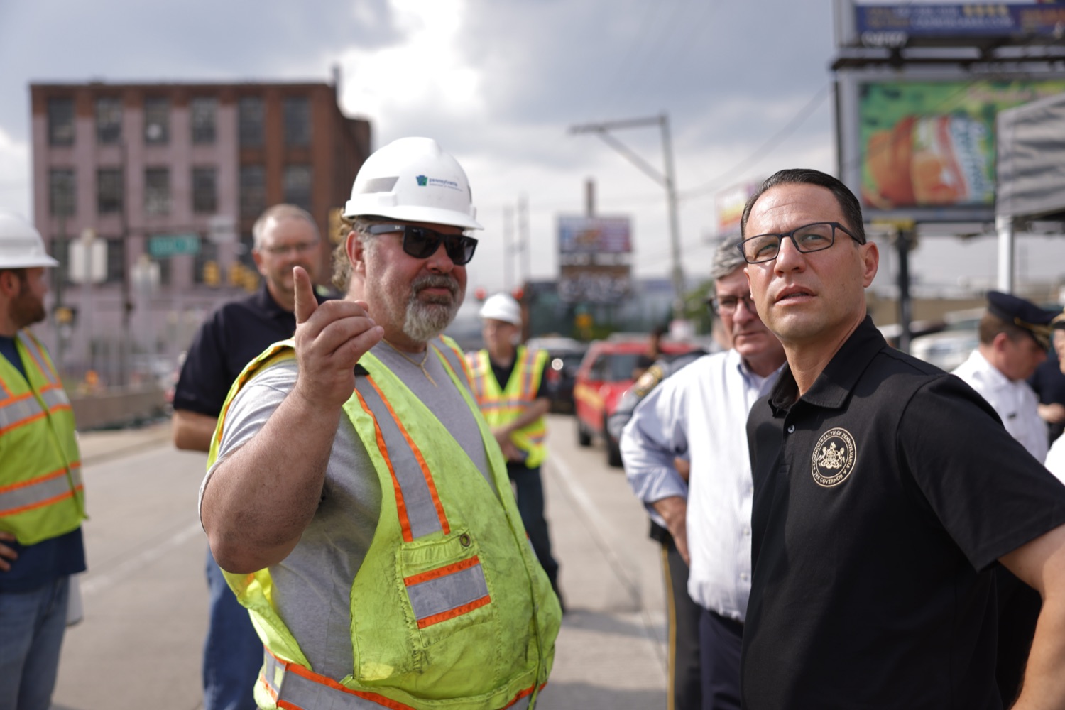Governor Josh Shapiro speaks with workers on location.  Governor Josh Shapiro, along with officials from the Shapiro Administration, the City of Philadelphia, and SEPTA provided an update on the response to the vehicle fire on the Route 73/Cottman Avenue ramp under Interstate 95 in Philadelphia, which caused the roadway in this area to partially collapse, and heavily damaged the southbound structure. The interstate is closed in both directions..."Interstate 95 is a critical artery that supports our economy and plays an important role in Pennsylvanians' day to day lives. My Administration is all hands on deck to repair this safely and as efficiently as possible," said Governor Shapiro. "We will rebuild and recover - and in the meantime, we will make sure people can get to where they need to go safely."..This morning, according to first responders in Philadelphia and the Pennsylvania State Police, at approximately 6:20am, a vehicle fire under I-95 near the Cottman Avenue exit in Northeast Philadelphia caused a portion of the highway to collapse. Preliminary reports indicate a commercial truck carrying a petroleum-based product was the source of the fire. Since the crash occurred, PEMA has also been on-site, coordinating response efforts with local and federal partners.  JUNE 11, 2023 - PHILADELPHIA, PA.<br><a href="https://filesource.amperwave.net/commonwealthofpa/photo/23248_gov_I95Collapse_dz_003.JPG" target="_blank">⇣ Download Photo</a>
