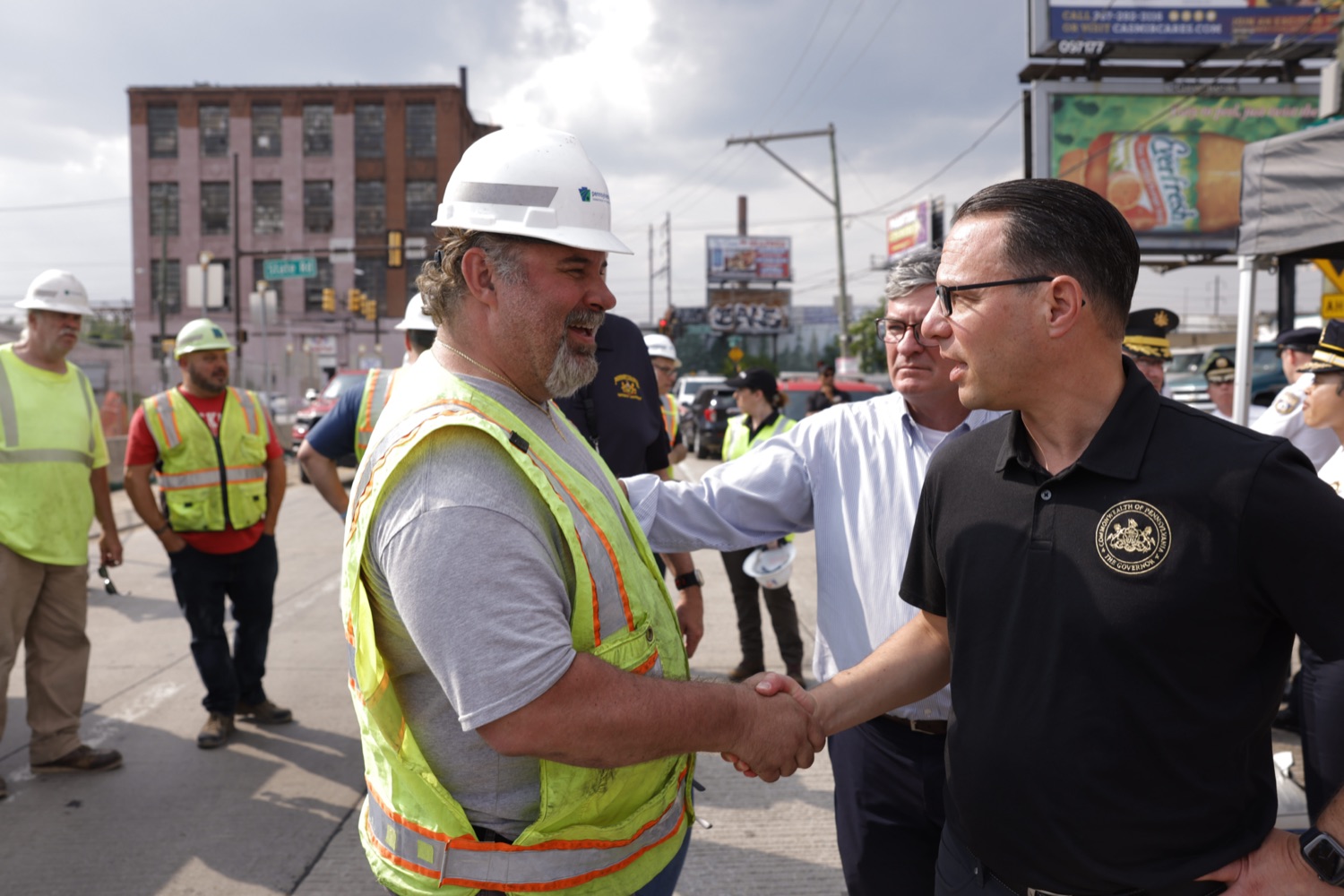 Governor Josh Shapiro speaks with workers on location.  Governor Josh Shapiro, along with officials from the Shapiro Administration, the City of Philadelphia, and SEPTA provided an update on the response to the vehicle fire on the Route 73/Cottman Avenue ramp under Interstate 95 in Philadelphia, which caused the roadway in this area to partially collapse, and heavily damaged the southbound structure. The interstate is closed in both directions..."Interstate 95 is a critical artery that supports our economy and plays an important role in Pennsylvanians' day to day lives. My Administration is all hands on deck to repair this safely and as efficiently as possible," said Governor Shapiro. "We will rebuild and recover - and in the meantime, we will make sure people can get to where they need to go safely."..This morning, according to first responders in Philadelphia and the Pennsylvania State Police, at approximately 6:20am, a vehicle fire under I-95 near the Cottman Avenue exit in Northeast Philadelphia caused a portion of the highway to collapse. Preliminary reports indicate a commercial truck carrying a petroleum-based product was the source of the fire. Since the crash occurred, PEMA has also been on-site, coordinating response efforts with local and federal partners.  JUNE 11, 2023 - PHILADELPHIA, PA.<br><a href="https://filesource.amperwave.net/commonwealthofpa/photo/23248_gov_I95Collapse_dz_012.JPG" target="_blank">⇣ Download Photo</a>