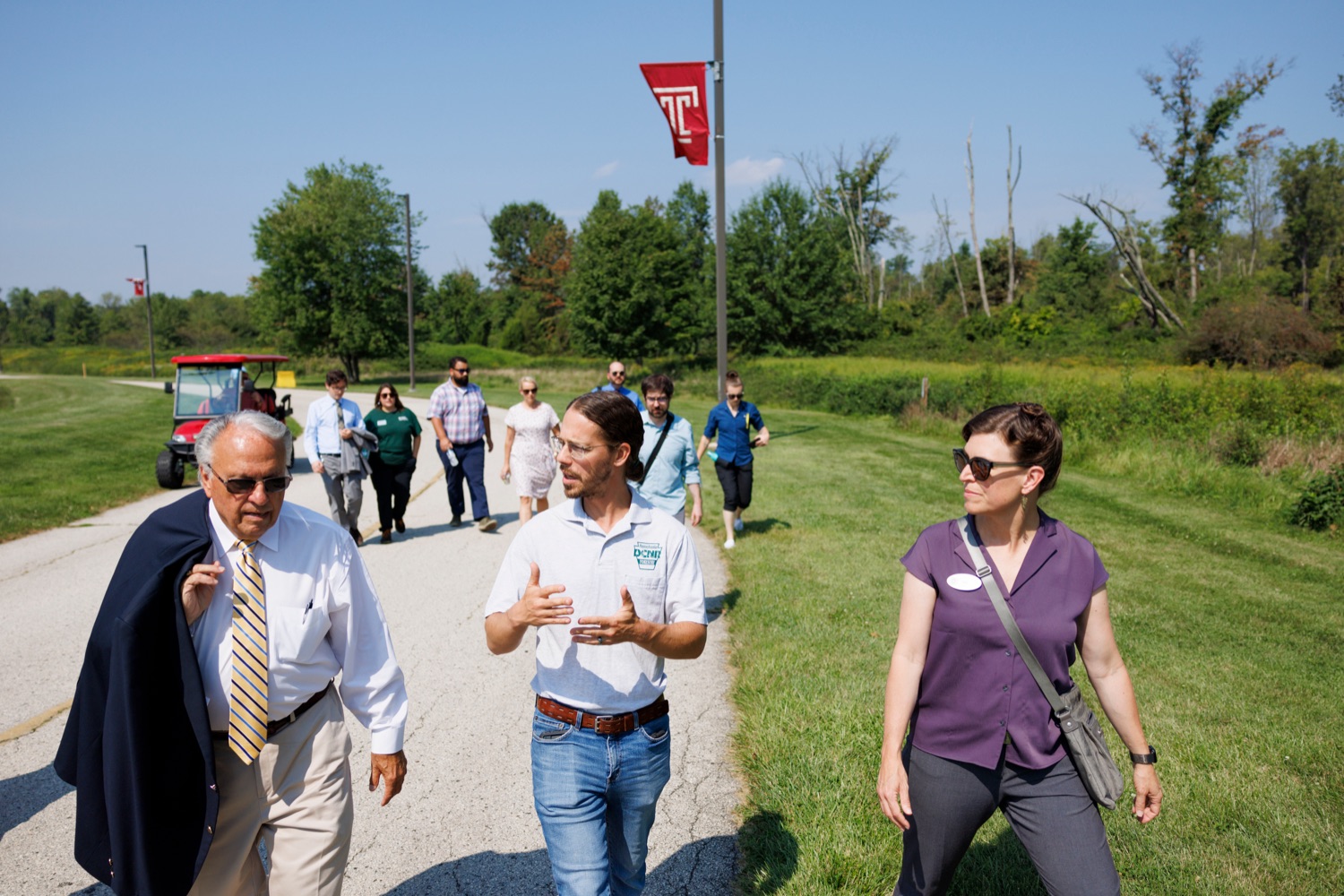From left; House Agriculture and Rural Affairs Committee co-chair Eddie Day Pashinski; Andrew Rohrbaugh, Forest Health Section Chief at DCNR and Govs Invasive Species council member; and Dr. Lea Johnson, Associate Director, Land Stewardship and Ecology, Longwood Gardens, tour sites at Ambler Field Station where Temple University is conducting invasive species research and management on Friday, September 8, 2023.<br><a href="https://filesource.amperwave.net/commonwealthofpa/photo/23666_AGRIC_Invasive_Species_NK_024.JPG" target="_blank">⇣ Download Photo</a>