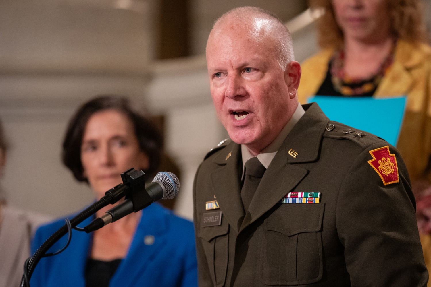 Maj. Gen. Mark Schindler, Pennsylvania's adjutant general and head of the Department of Military and Veterans Affairs speaks at Pennsylvanias Suicide Prevention Month Press Conference at the State Capital in Harrisburg, PA..<br><a href="https://filesource.amperwave.net/commonwealthofpa/photo/23696_dhs_suicidePrevention-13.jpg" target="_blank">⇣ Download Photo</a>