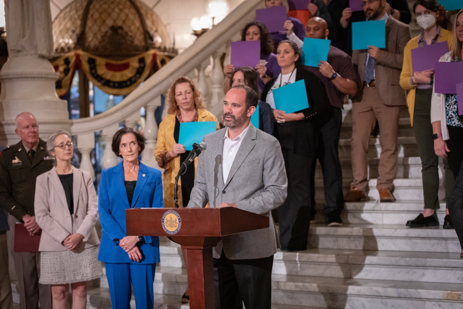 Insurance Commissioner Mike Humphreys speaks at Pennsylvanias Suicide Prevention Month Press Conference at the State Capital in Harrisburg, PA.<br><a href="https://filesource.amperwave.net/commonwealthofpa/photo/23696_dhs_suicidePrevention-25.jpg" target="_blank">⇣ Download Photo</a>