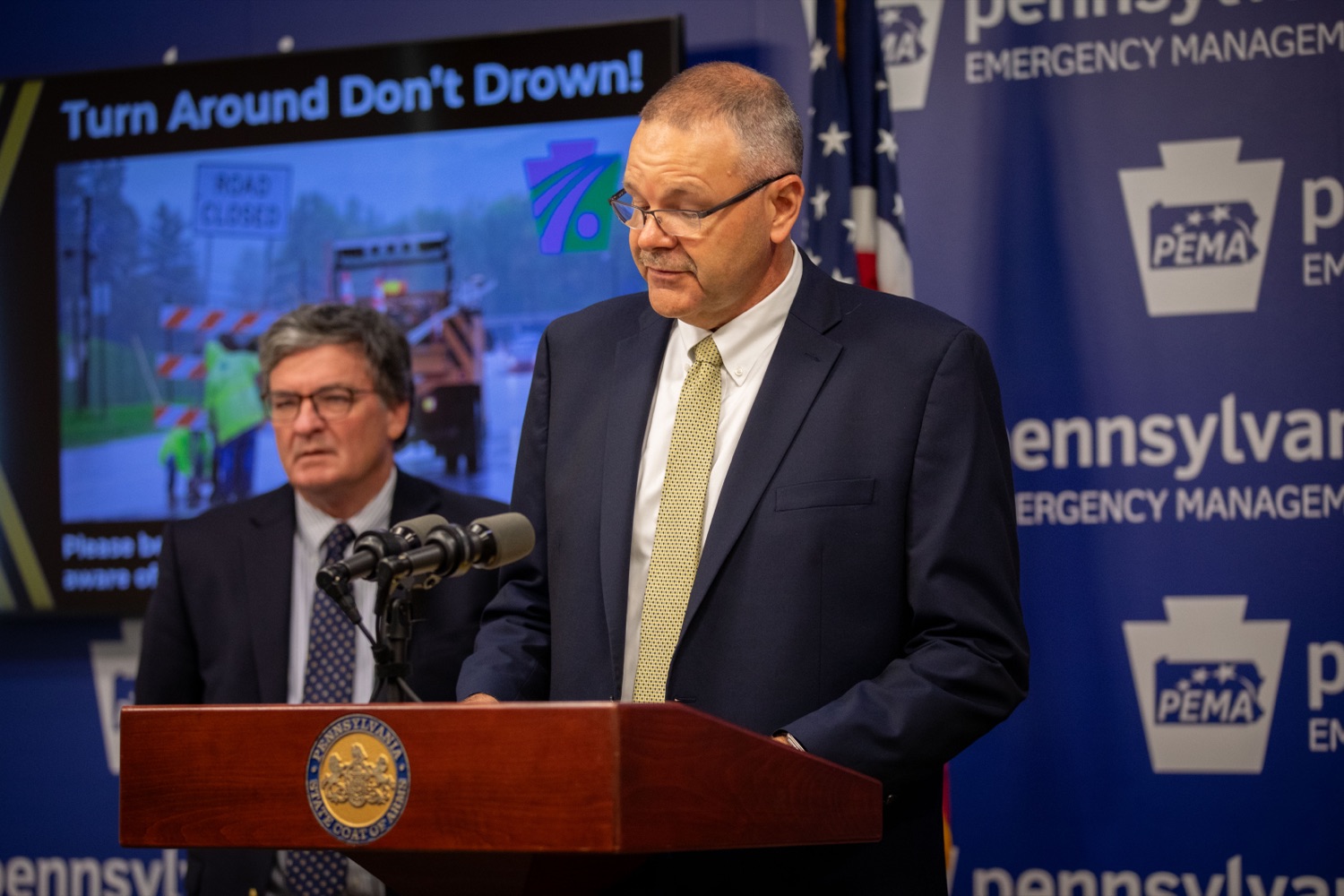 PEMA director, David 'Randy' Padfield speaks at a joint press conference urging motorists to never drive through flooded roadways..<br><a href="https://filesource.amperwave.net/commonwealthofpa/photo/23768_dot_flooding_sc_01.jpg" target="_blank">⇣ Download Photo</a>