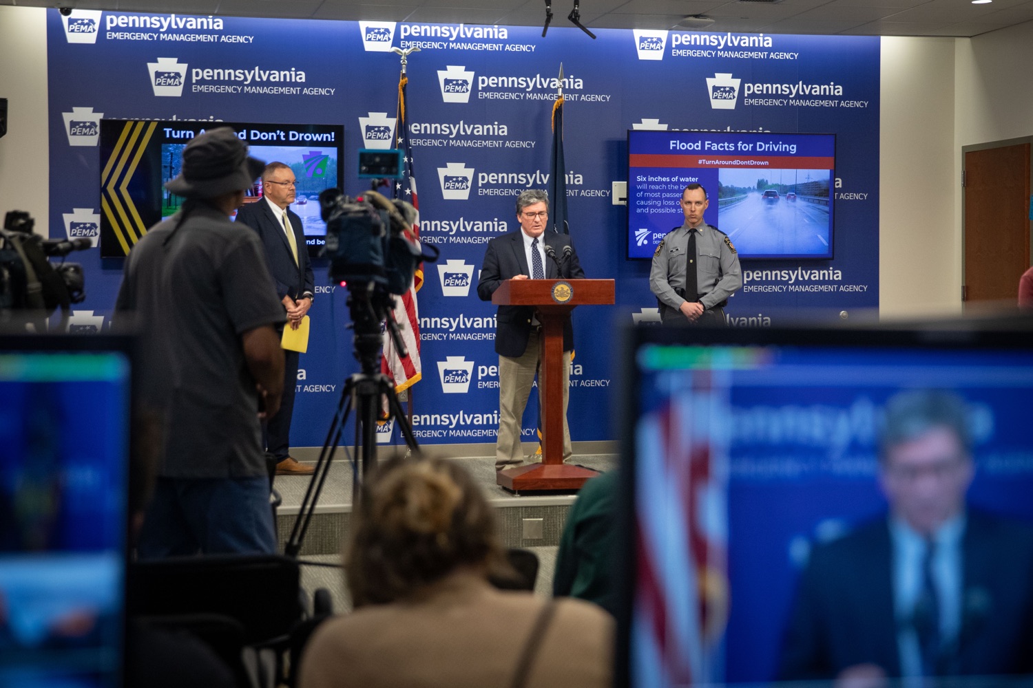 Pennsylvania Secretary of Transportation, Michael B. Carroll, speaks at a joint press conference urging motorists to never drive through flooded roadways..<br><a href="https://filesource.amperwave.net/commonwealthofpa/photo/23768_dot_flooding_sc_02.jpg" target="_blank">⇣ Download Photo</a>