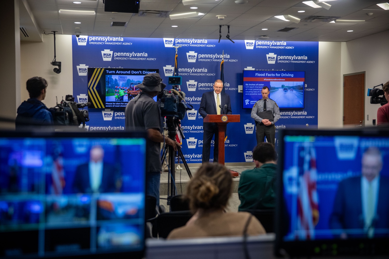 PEMA director, David 'Randy' Padfield speaks at a joint press conference urging motorists to never drive through flooded roadways..<br><a href="https://filesource.amperwave.net/commonwealthofpa/photo/23768_dot_flooding_sc_03.jpg" target="_blank">⇣ Download Photo</a>