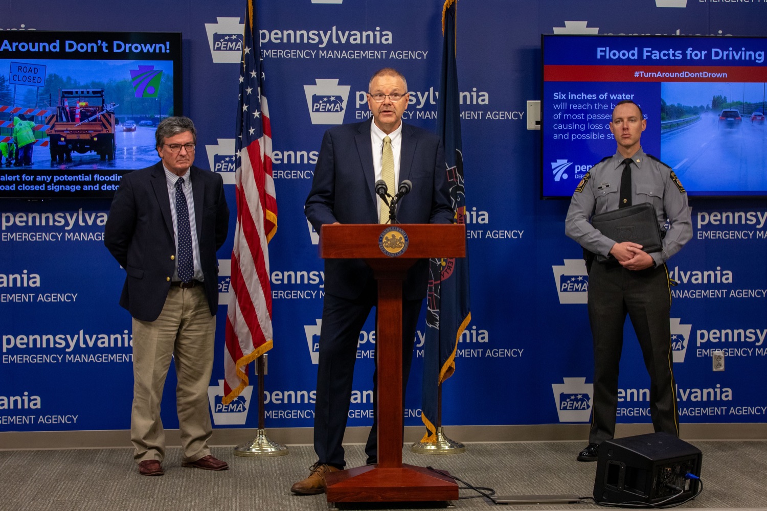 PEMA director, David 'Randy' Padfield speaks at a joint press conference urging motorists to never drive through flooded roadways..<br><a href="https://filesource.amperwave.net/commonwealthofpa/photo/23768_dot_flooding_sc_04.jpg" target="_blank">⇣ Download Photo</a>