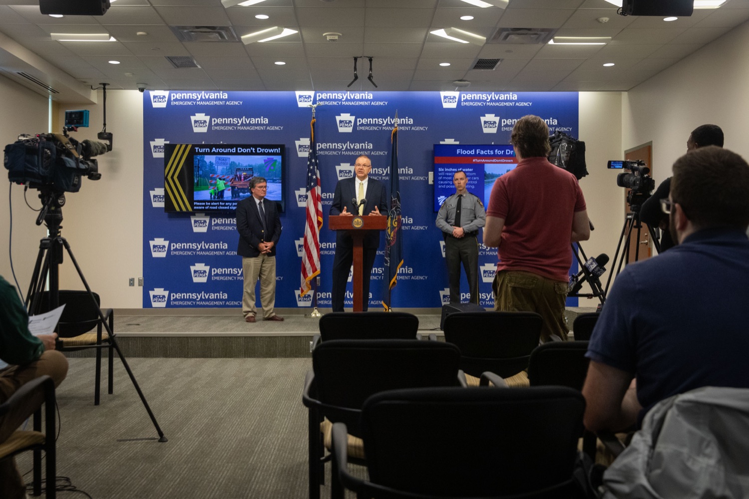 PEMA director, David 'Randy' Padfield speaks at a joint press conference urging motorists to never drive through flooded roadways..<br><a href="https://filesource.amperwave.net/commonwealthofpa/photo/23768_dot_flooding_sc_05.jpg" target="_blank">⇣ Download Photo</a>