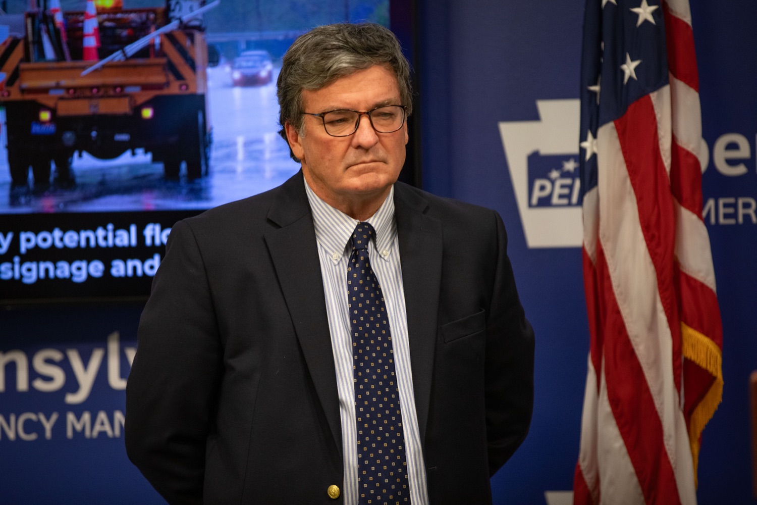 Pennsylvania Secretary of Transportation, Michael B. Carroll, at a joint press confrence urging motorists to never drive through flooded roadways..<br><a href="https://filesource.amperwave.net/commonwealthofpa/photo/23768_dot_flooding_sc_06.jpg" target="_blank">⇣ Download Photo</a>