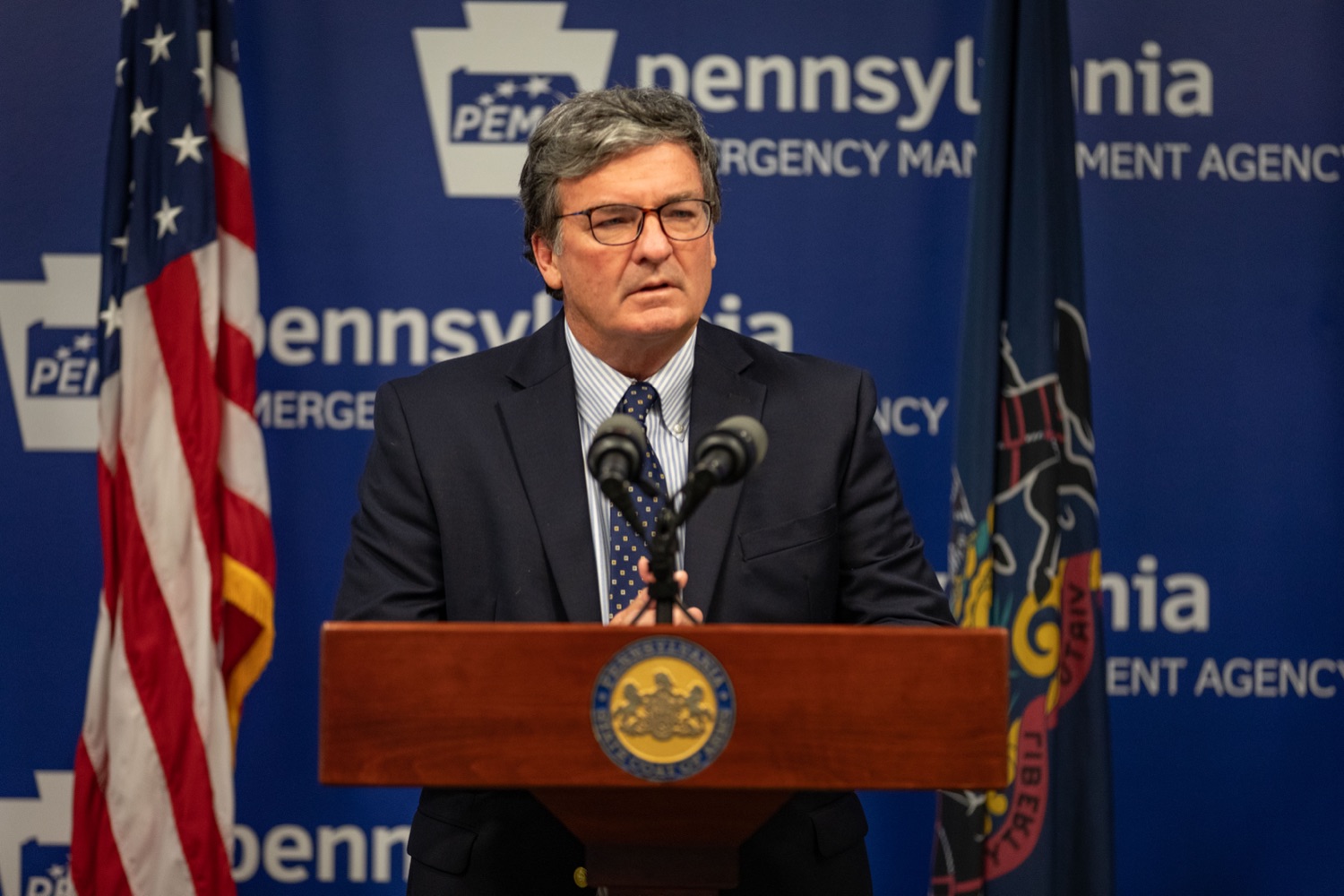 Pennsylvania Secretary of Transportation, Michael B. Carroll, speaks at a joint press conference urging motorists to never drive through flooded roadways..<br><a href="https://filesource.amperwave.net/commonwealthofpa/photo/23768_dot_flooding_sc_07.jpg" target="_blank">⇣ Download Photo</a>