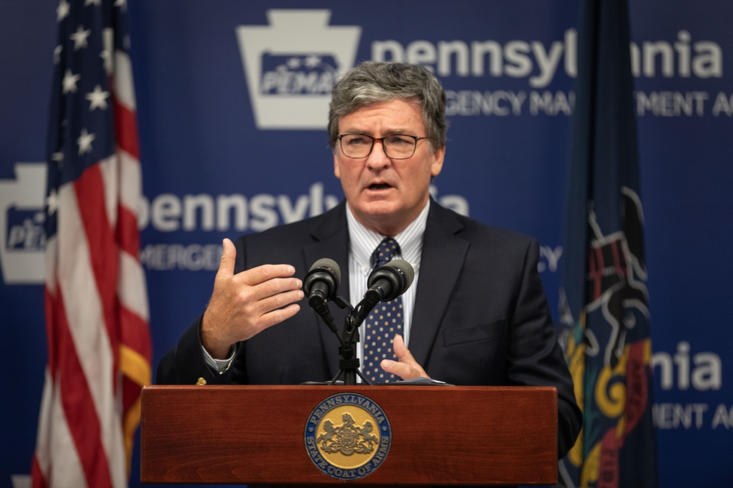 Pennsylvania Secretary of Transportation, Michael B. Carroll, speaks at a joint press conference urging motorists to never drive through flooded roadways..<br><a href="https://filesource.amperwave.net/commonwealthofpa/photo/23768_dot_flooding_sc_08.jpg" target="_blank">⇣ Download Photo</a>
