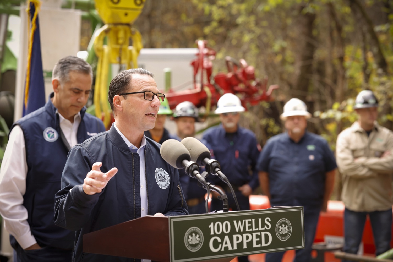 Pennsylvania Governor Josh Shapiro speaks to the press.  Governor Josh Shapiro, the PA Department of Environmental Protection (DEP), Environmental Defense Fund (EDF), and the Pennsylvania Environmental Council (PEC) highlighted the Shapiro Administration's historic work to cap and plug orphaned and abandoned oil and gas wells across Pennsylvania. OCTOBER 18, 2023 - BURGETTSTOWN, PA<br><a href="https://filesource.amperwave.net/commonwealthofpa/photo/23921_gov_100thwell_dz_001.JPG" target="_blank">⇣ Download Photo</a>