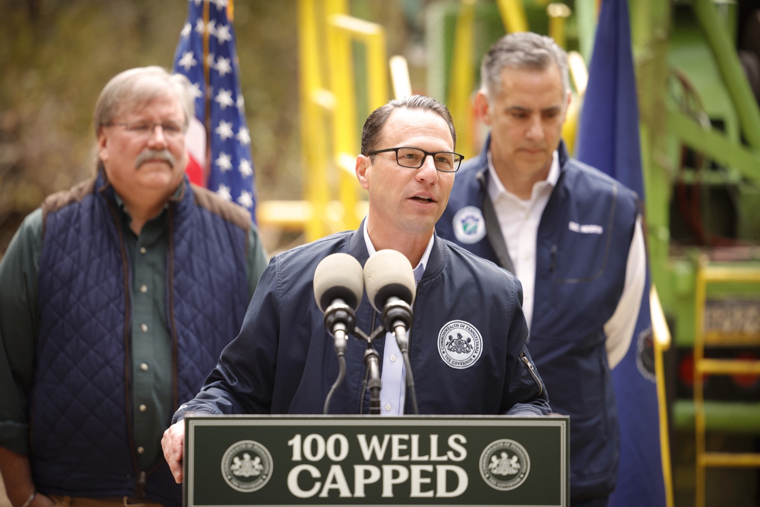 Pennsylvania Governor Josh Shapiro speaks to the press.  Governor Josh Shapiro, the PA Department of Environmental Protection (DEP), Environmental Defense Fund (EDF), and the Pennsylvania Environmental Council (PEC) highlighted the Shapiro Administration's historic work to cap and plug orphaned and abandoned oil and gas wells across Pennsylvania. OCTOBER 18, 2023 - BURGETTSTOWN, PA<br><a href="https://filesource.amperwave.net/commonwealthofpa/photo/23921_gov_100thwell_dz_006.JPG" target="_blank">⇣ Download Photo</a>