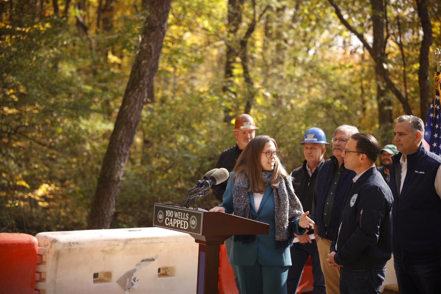 Amanda Leland speaks to the press.  Governor Josh Shapiro, the PA Department of Environmental Protection (DEP), Environmental Defense Fund (EDF), and the Pennsylvania Environmental Council (PEC) highlighted the Shapiro Administration's historic work to cap and plug orphaned and abandoned oil and gas wells across Pennsylvania. OCTOBER 18, 2023 - BURGETTSTOWN, PA<br><a href="https://filesource.amperwave.net/commonwealthofpa/photo/23921_gov_100thwell_dz_008.JPG" target="_blank">⇣ Download Photo</a>