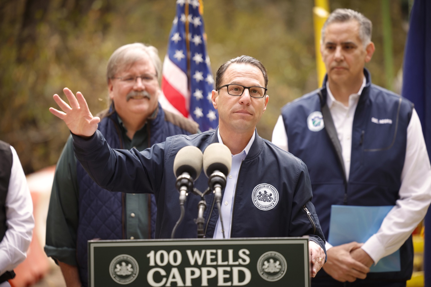Pennsylvania Governor Josh Shapiro speaks to the press.  Governor Josh Shapiro, the PA Department of Environmental Protection (DEP), Environmental Defense Fund (EDF), and the Pennsylvania Environmental Council (PEC) highlighted the Shapiro Administration's historic work to cap and plug orphaned and abandoned oil and gas wells across Pennsylvania. OCTOBER 18, 2023 - BURGETTSTOWN, PA<br><a href="https://filesource.amperwave.net/commonwealthofpa/photo/23921_gov_100thwell_dz_013.JPG" target="_blank">⇣ Download Photo</a>