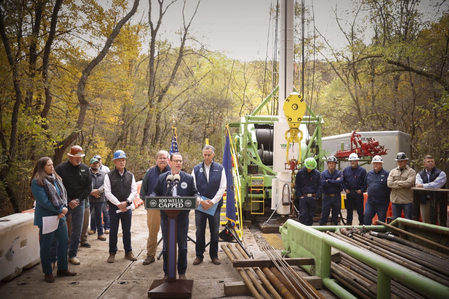 Pennsylvania Governor Josh Shapiro speaks to the press.  Governor Josh Shapiro, the PA Department of Environmental Protection (DEP), Environmental Defense Fund (EDF), and the Pennsylvania Environmental Council (PEC) highlighted the Shapiro Administration's historic work to cap and plug orphaned and abandoned oil and gas wells across Pennsylvania. OCTOBER 18, 2023 - BURGETTSTOWN, PA<br><a href="https://filesource.amperwave.net/commonwealthofpa/photo/23921_gov_100thwell_dz_017.JPG" target="_blank">⇣ Download Photo</a>