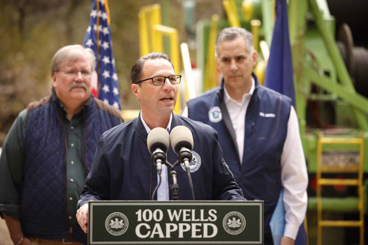 Pennsylvania Governor Josh Shapiro speaks to the press.  Governor Josh Shapiro, the PA Department of Environmental Protection (DEP), Environmental Defense Fund (EDF), and the Pennsylvania Environmental Council (PEC) highlighted the Shapiro Administration's historic work to cap and plug orphaned and abandoned oil and gas wells across Pennsylvania. OCTOBER 18, 2023 - BURGETTSTOWN, PA<br><a href="https://filesource.amperwave.net/commonwealthofpa/photo/23921_gov_100thwell_dz_023.JPG" target="_blank">⇣ Download Photo</a>