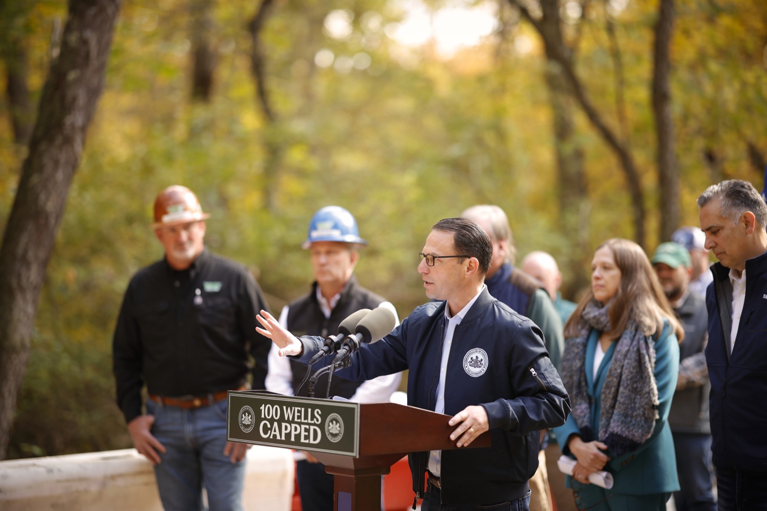 Pennsylvania Governor Josh Shapiro speaks to the press.  Governor Josh Shapiro, the PA Department of Environmental Protection (DEP), Environmental Defense Fund (EDF), and the Pennsylvania Environmental Council (PEC) highlighted the Shapiro Administration's historic work to cap and plug orphaned and abandoned oil and gas wells across Pennsylvania. OCTOBER 18, 2023 - BURGETTSTOWN, PA<br><a href="https://filesource.amperwave.net/commonwealthofpa/photo/23921_gov_100thwell_dz_024.JPG" target="_blank">⇣ Download Photo</a>