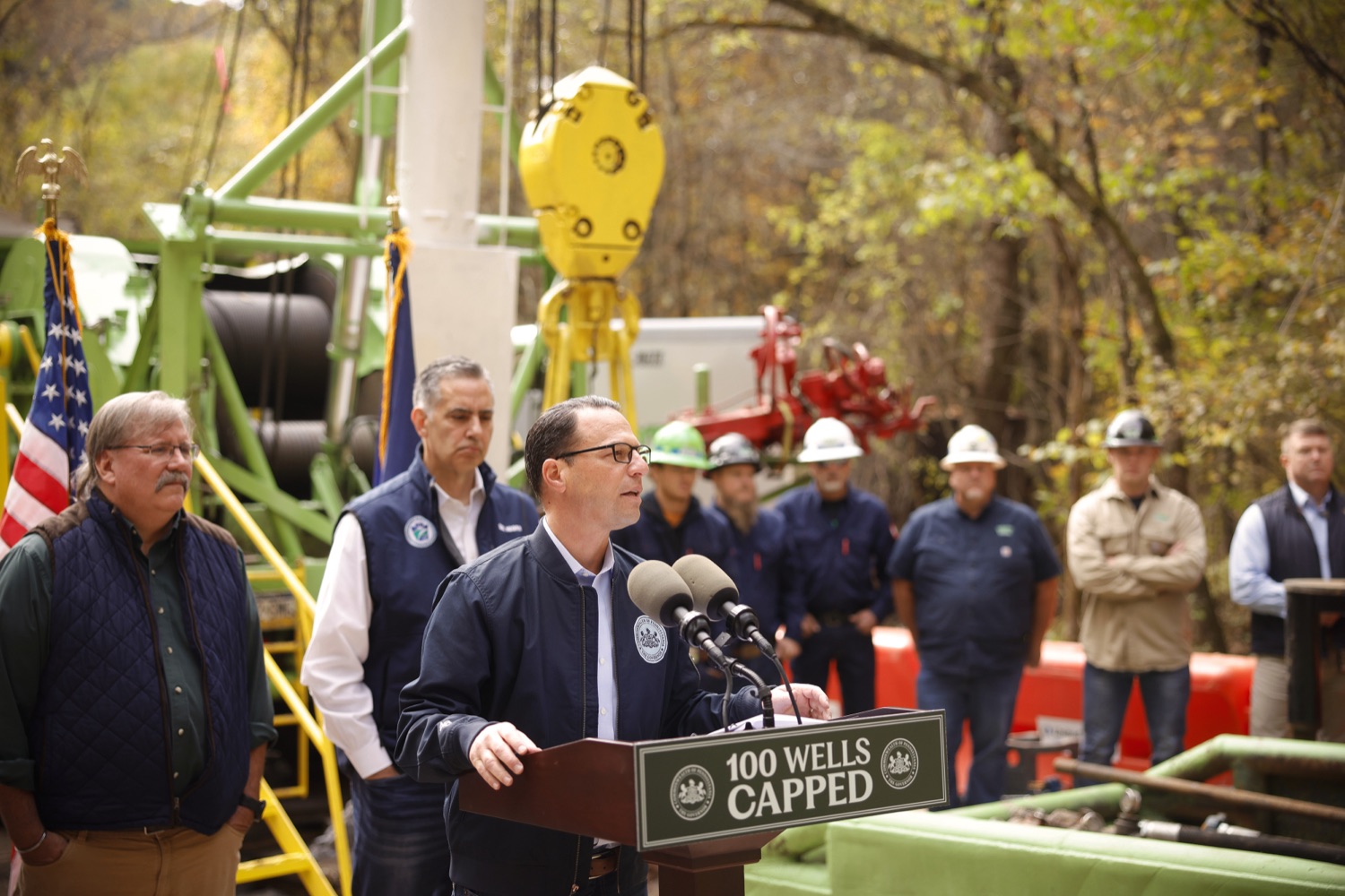 Pennsylvania Governor Josh Shapiro speaks to the press.  Governor Josh Shapiro, the PA Department of Environmental Protection (DEP), Environmental Defense Fund (EDF), and the Pennsylvania Environmental Council (PEC) highlighted the Shapiro Administration's historic work to cap and plug orphaned and abandoned oil and gas wells across Pennsylvania. OCTOBER 18, 2023 - BURGETTSTOWN, PA<br><a href="https://filesource.amperwave.net/commonwealthofpa/photo/23921_gov_100thwell_dz_026.JPG" target="_blank">⇣ Download Photo</a>