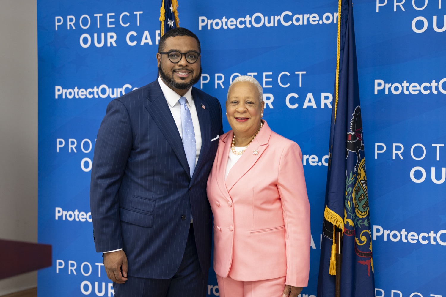 Lieutenant Governor Austin Davis and Harrisburg Mayor Wanda Williams pose during a press conference for Protect Our Care, an educational event on the new and upcoming benefits to seniors from the Inflation Reduction Act, in Harrisburg, PA on October 25, 2023.<br><a href="https://filesource.amperwave.net/commonwealthofpa/photo/23946_lg_medicareAutumn_17.jpg" target="_blank">⇣ Download Photo</a>