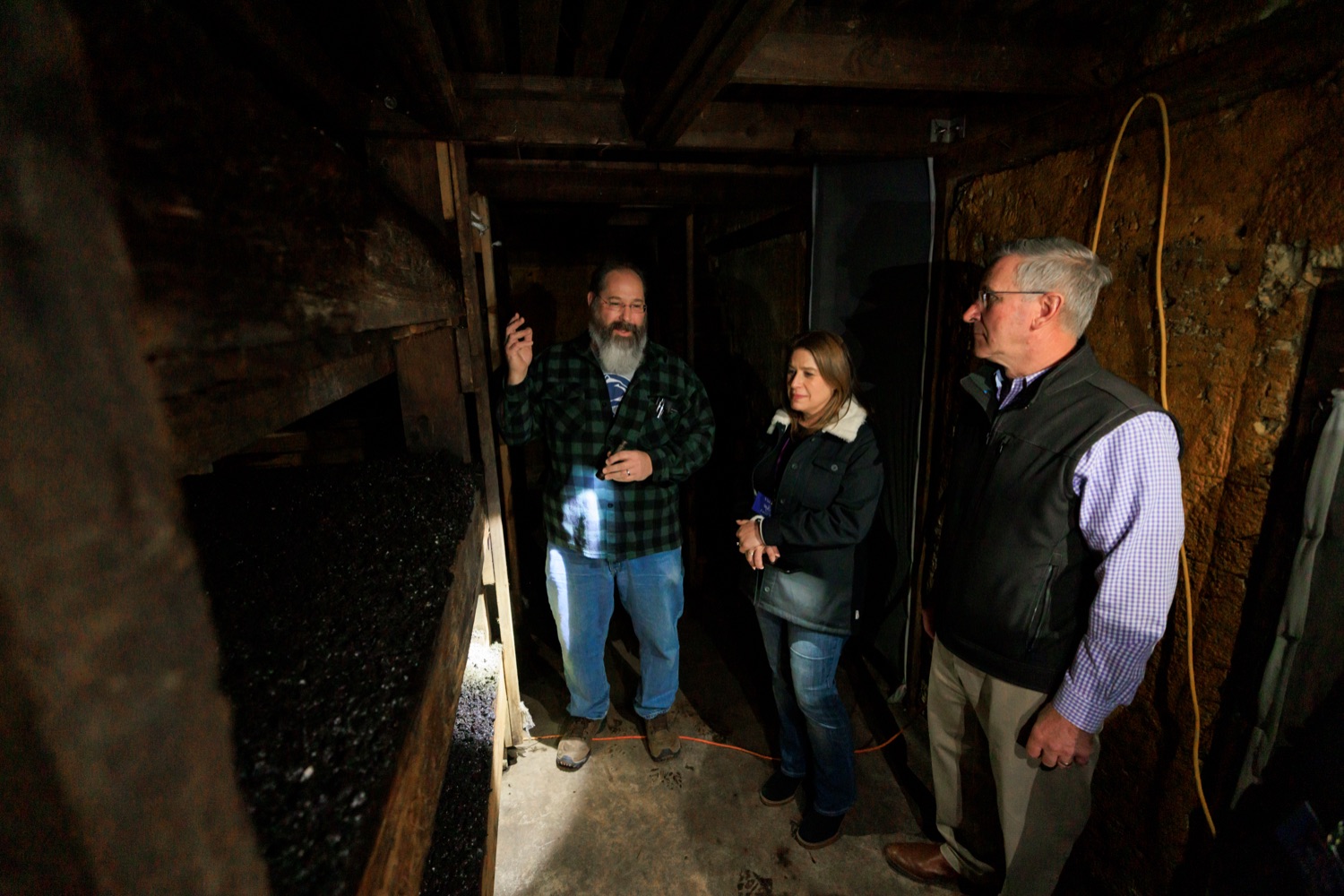 Jerry Yeatman, president of Mother Earth Organic Mushrooms, gives a tour of the mushroom farm with First Lady Lori Shapiro and PA Dept. of Agriculture Secretary Russell Redding in West Grove on Tuesday, November 14, 2023.<br><a href="https://filesource.amperwave.net/commonwealthofpa/photo/24042_fl_mushroomFarm_nk_004.JPG" target="_blank">⇣ Download Photo</a>