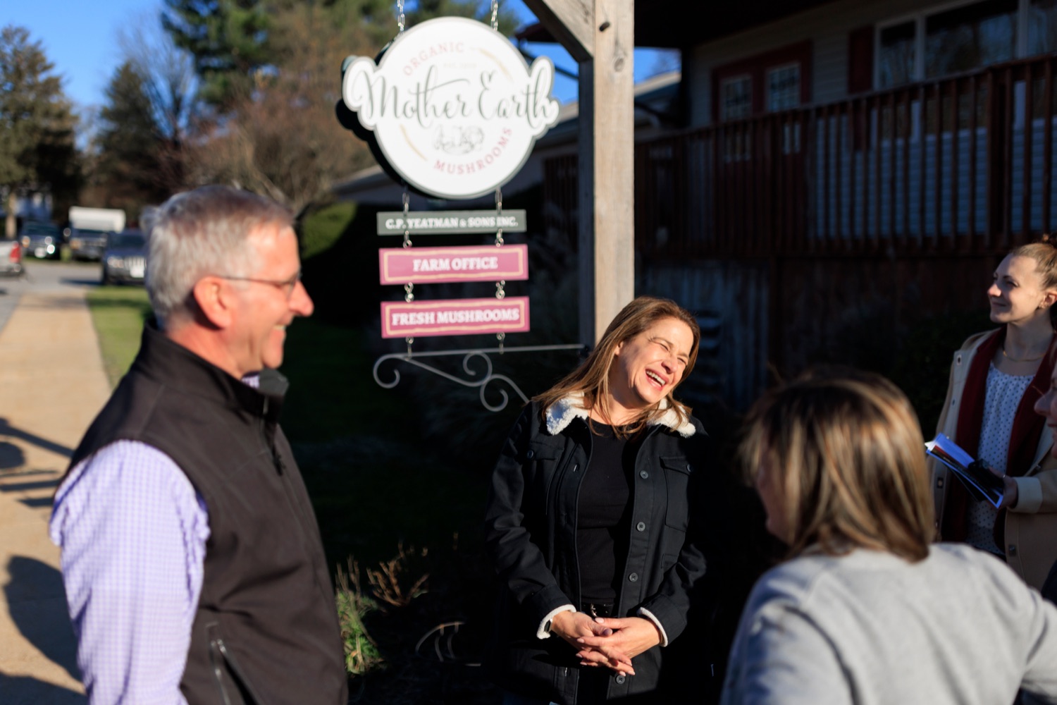 First Lady Lori Shapiro and PA Dept. of Agriculture Russell Redding smile at Mother Earth Organic Mushrooms in West Grove on Tuesday, November 14, 2023.<br><a href="https://filesource.amperwave.net/commonwealthofpa/photo/24042_fl_mushroomFarm_nk_015.JPG" target="_blank">⇣ Download Photo</a>