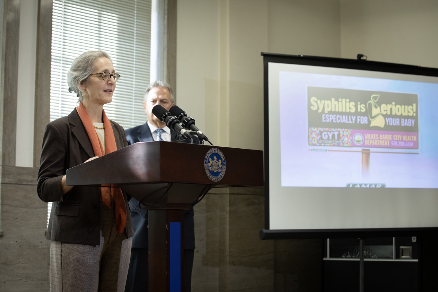 The number of children born with congenital syphilis in Pennsylvania has dramatically risen (statistically) over the past few years, marking the highest number of cases since 1990. Dr. Bogen, Secretary of Health, delivered remarks at an event launched by the Department of Health to stress the need to test for syphilis throughout pregnancy and emphasize that the disease is preventable.<br><a href="https://filesource.amperwave.net/commonwealthofpa/photo/24084_doh_newbornSyphilis_JP_17.jpg" target="_blank">⇣ Download Photo</a>