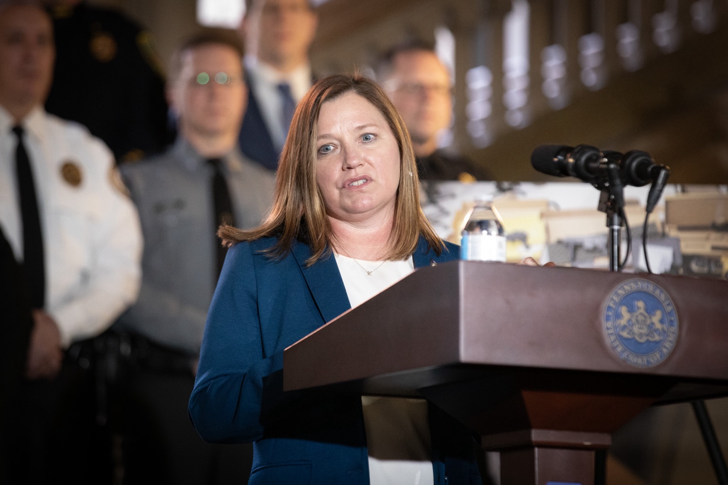 Pennsylvania Attorney General Michelle Henry and Allegheny County District Attorney Stephen Zappala were joined by law enforcement and community collaborators to announce a new public safety initiative in Allegheny County. Pictured here is Michelle Henry, Attorney General of Pennsylvania, delivering remarks during the event. Pittsburgh, Pennsylvania.<br><a href="https://filesource.amperwave.net/commonwealthofpa/photo/24297_oag_publicSafety_JAP_11.jpg" target="_blank">⇣ Download Photo</a>