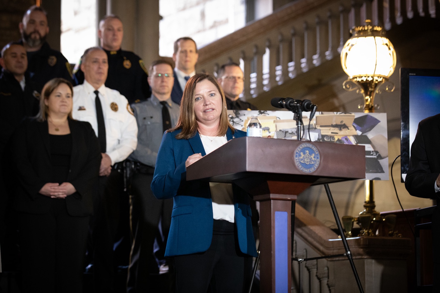 Pennsylvania Attorney General Michelle Henry and Allegheny County District Attorney Stephen Zappala were joined by law enforcement and community collaborators to announce a new public safety initiative in Allegheny County. Pictured here is Michelle Henry, Attorney General of Pennsylvania, delivering remarks during the event. Pittsburgh, Pennsylvania.<br><a href="https://filesource.amperwave.net/commonwealthofpa/photo/24297_oag_publicSafety_JAP_13.jpg" target="_blank">⇣ Download Photo</a>