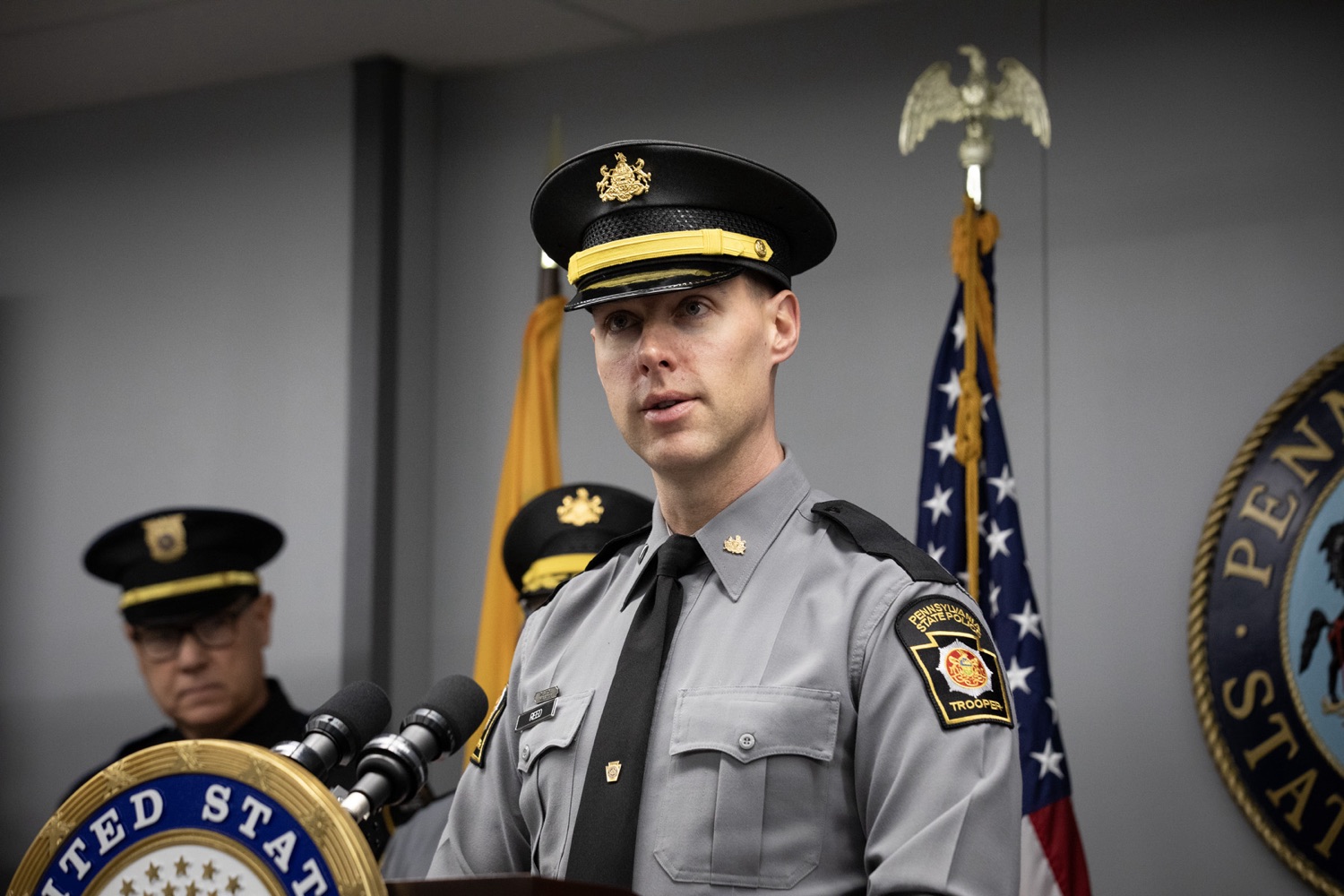 Senator Bob Casey visited Pennsylvania State Police Headquarters to discuss his proposed Stop Fentanyl at the Border Act. Pictured here is Lt. Adam Reed delivering remarks during the event. Harrisburg, Pennsylvania.<br><a href="https://filesource.amperwave.net/commonwealthofpa/photo/24347_psp_stopFentanyl_JP_03.jpg" target="_blank">⇣ Download Photo</a>