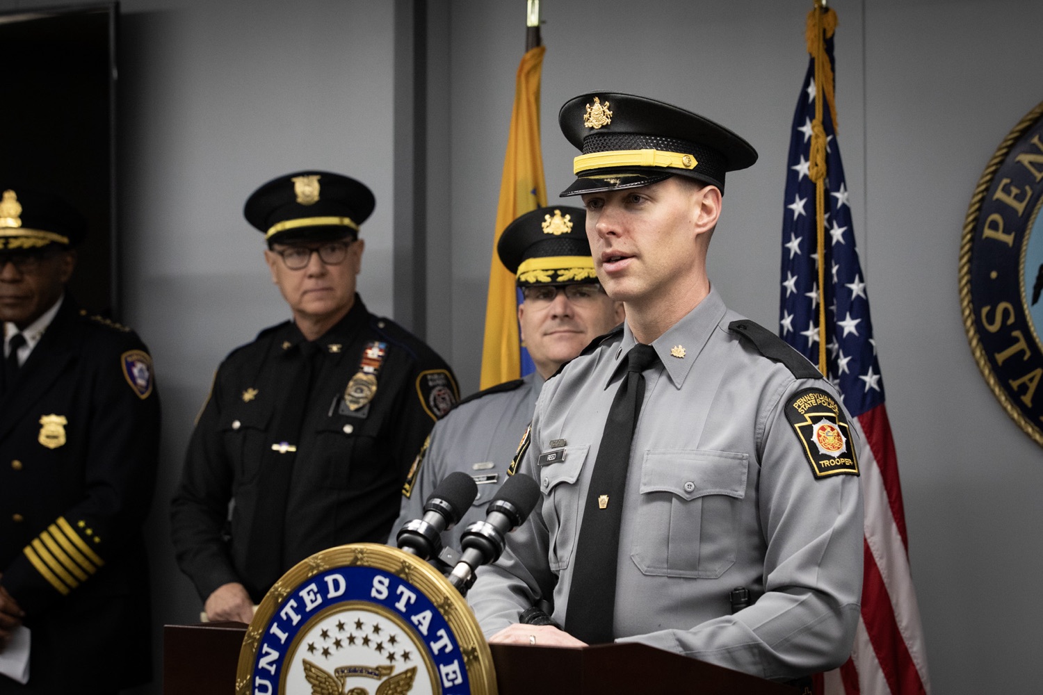 Senator Bob Casey visited Pennsylvania State Police Headquarters to discuss his proposed Stop Fentanyl at the Border Act. Pictured here is Lt. Adam Reed delivering remarks during the event. Harrisburg, Pennsylvania.<br><a href="https://filesource.amperwave.net/commonwealthofpa/photo/24347_psp_stopFentanyl_JP_04.jpg" target="_blank">⇣ Download Photo</a>