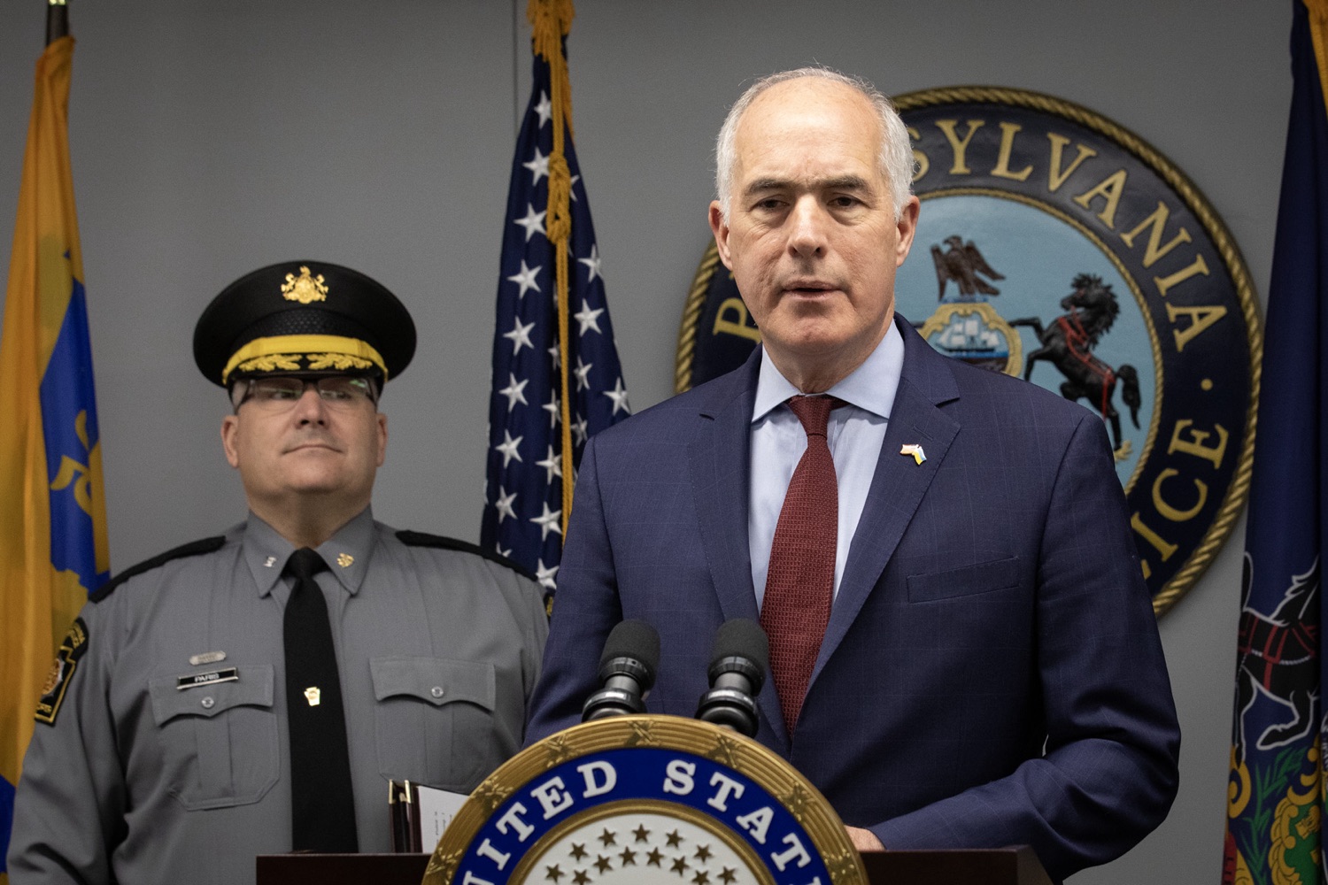 Senator Bob Casey visited Pennsylvania State Police Headquarters to discuss his proposed Stop Fentanyl at the Border Act. Pictured here is Senator Casey delivering remarks during the event. Harrisburg, Pennsylvania.<br><a href="https://filesource.amperwave.net/commonwealthofpa/photo/24347_psp_stopFentanyl_JP_05.jpg" target="_blank">⇣ Download Photo</a>