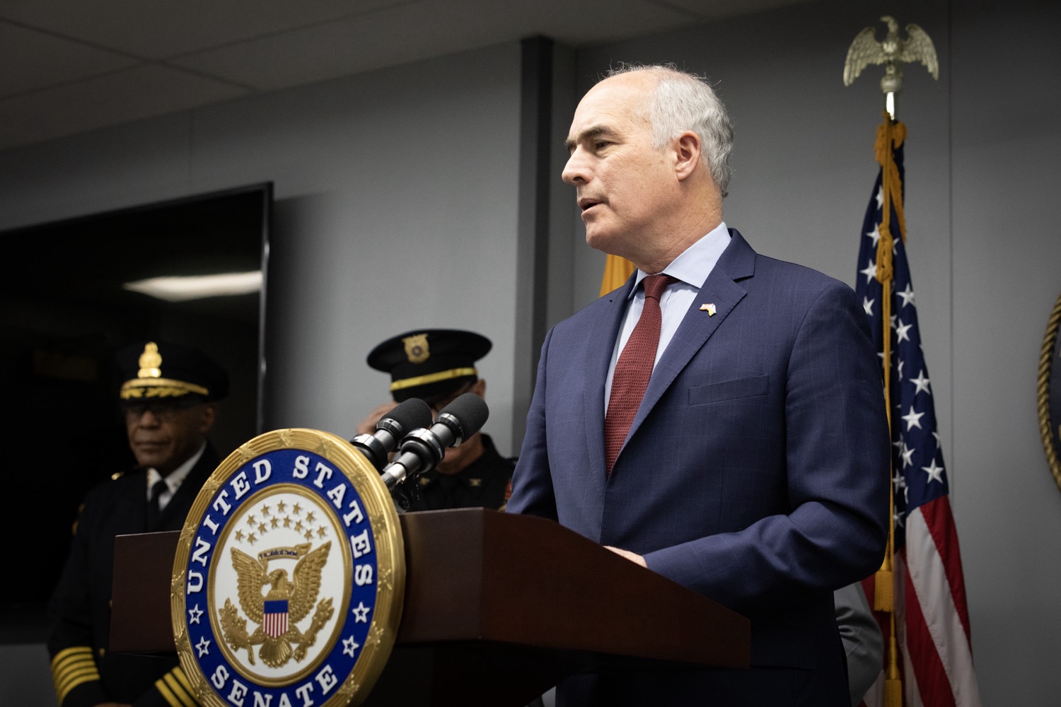 Senator Bob Casey visited Pennsylvania State Police Headquarters to discuss his proposed Stop Fentanyl at the Border Act. Pictured here is Senator Casey delivering remarks during the event. Harrisburg, Pennsylvania.<br><a href="https://filesource.amperwave.net/commonwealthofpa/photo/24347_psp_stopFentanyl_JP_08.jpg" target="_blank">⇣ Download Photo</a>