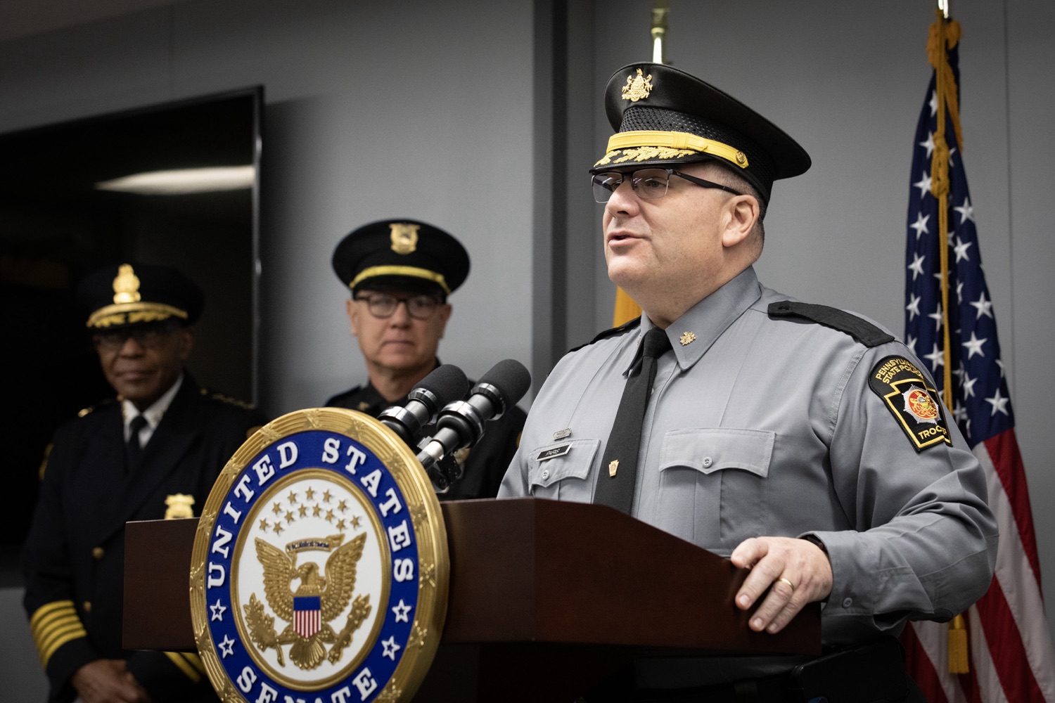 Senator Bob Casey visited Pennsylvania State Police Headquarters to discuss his proposed Stop Fentanyl at the Border Act. Pictured here is Harrisburg Colonel Paris delivering remarks during the event. Harrisburg, Pennsylvania.<br><a href="https://filesource.amperwave.net/commonwealthofpa/photo/24347_psp_stopFentanyl_JP_10.jpg" target="_blank">⇣ Download Photo</a>