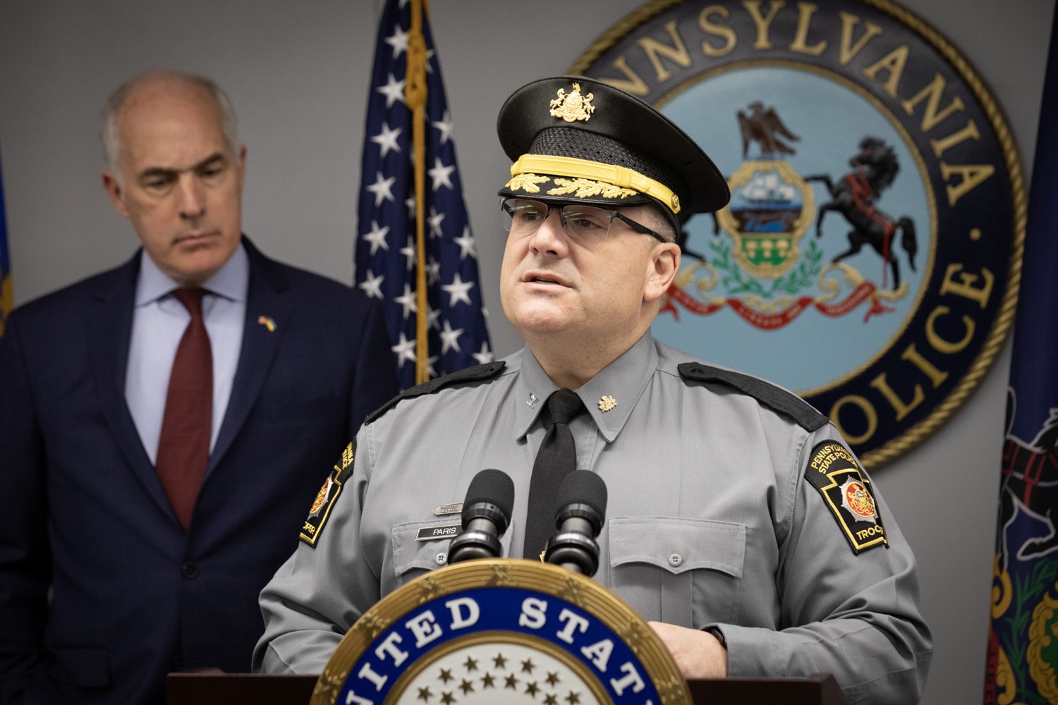 Senator Bob Casey visited Pennsylvania State Police Headquarters to discuss his proposed Stop Fentanyl at the Border Act. Pictured here is Harrisburg Colonel Paris delivering remarks during the event. Harrisburg, Pennsylvania.<br><a href="https://filesource.amperwave.net/commonwealthofpa/photo/24347_psp_stopFentanyl_JP_11.jpg" target="_blank">⇣ Download Photo</a>