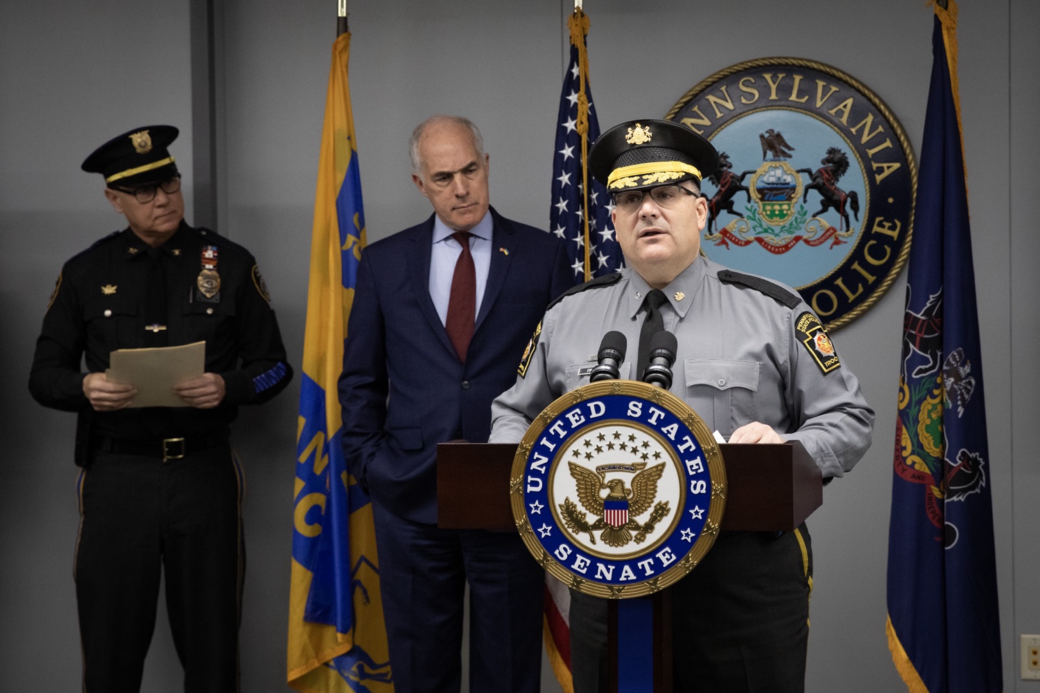 Senator Bob Casey visited Pennsylvania State Police Headquarters to discuss his proposed Stop Fentanyl at the Border Act. Pictured here is Harrisburg Colonel Paris delivering remarks during the event. Harrisburg, Pennsylvania.<br><a href="https://filesource.amperwave.net/commonwealthofpa/photo/24347_psp_stopFentanyl_JP_12.jpg" target="_blank">⇣ Download Photo</a>
